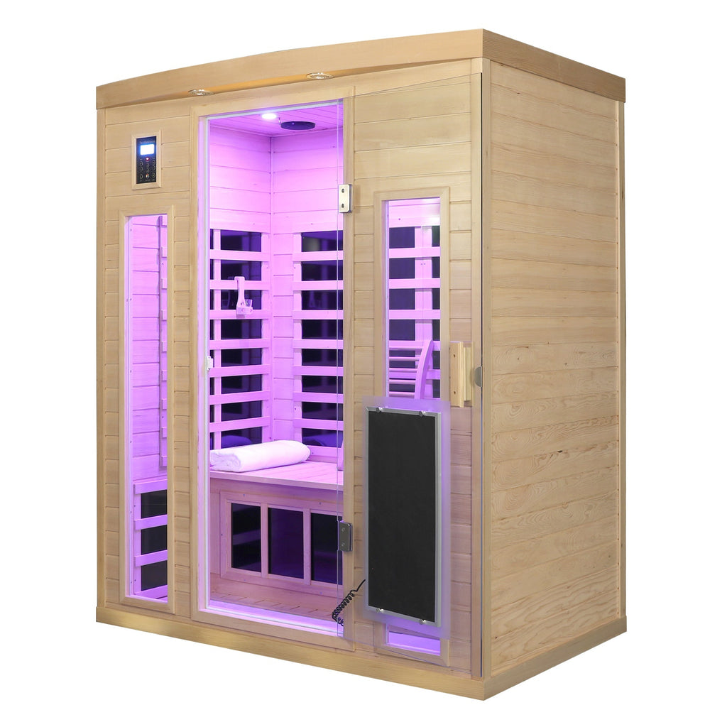 Low EMF, There is also a heating plate on the glass door, Hemlock wood Far-infrared indoor Three person sauna room