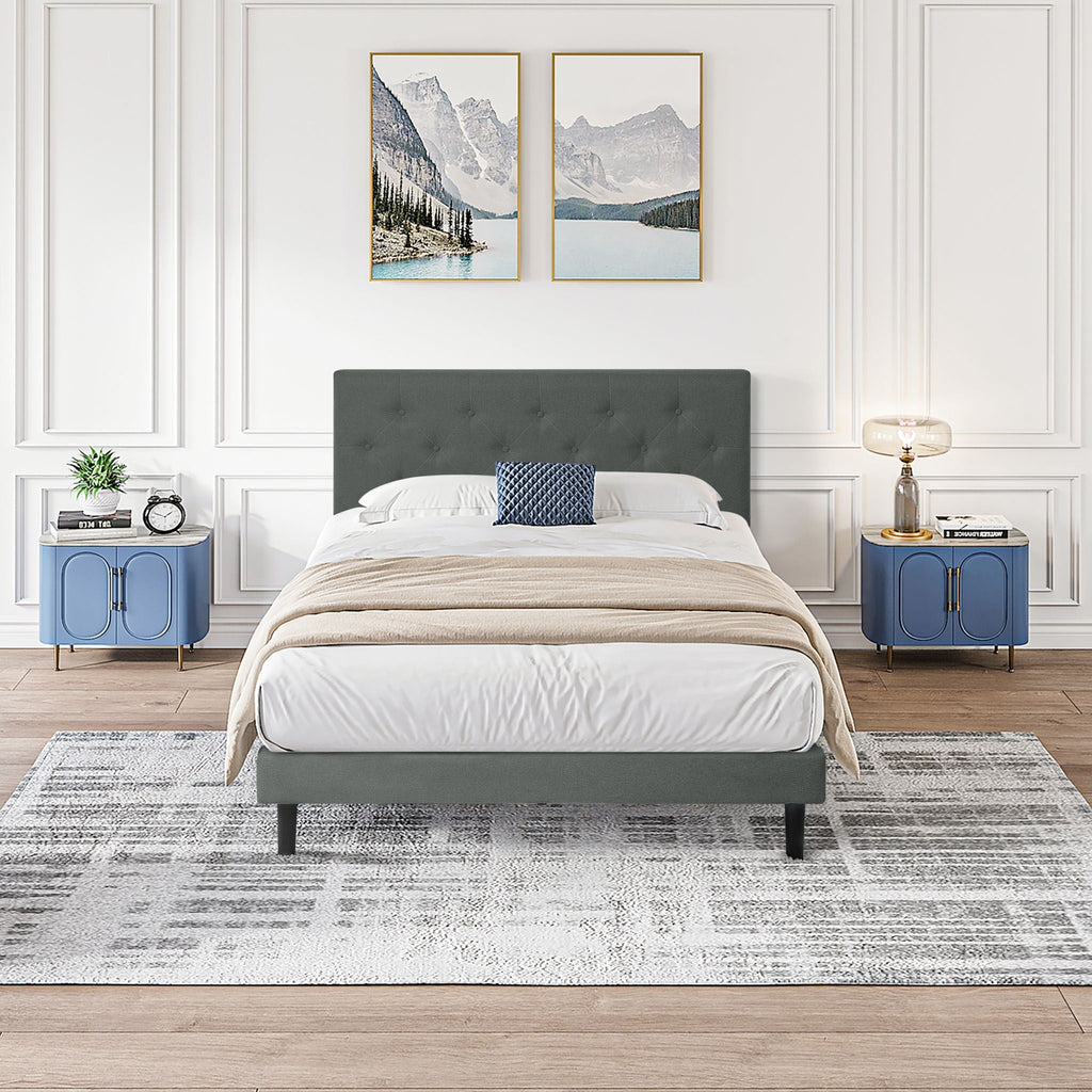 Modern Upholstered Platform Bed Frame With Button Tufted Fabric Headboard