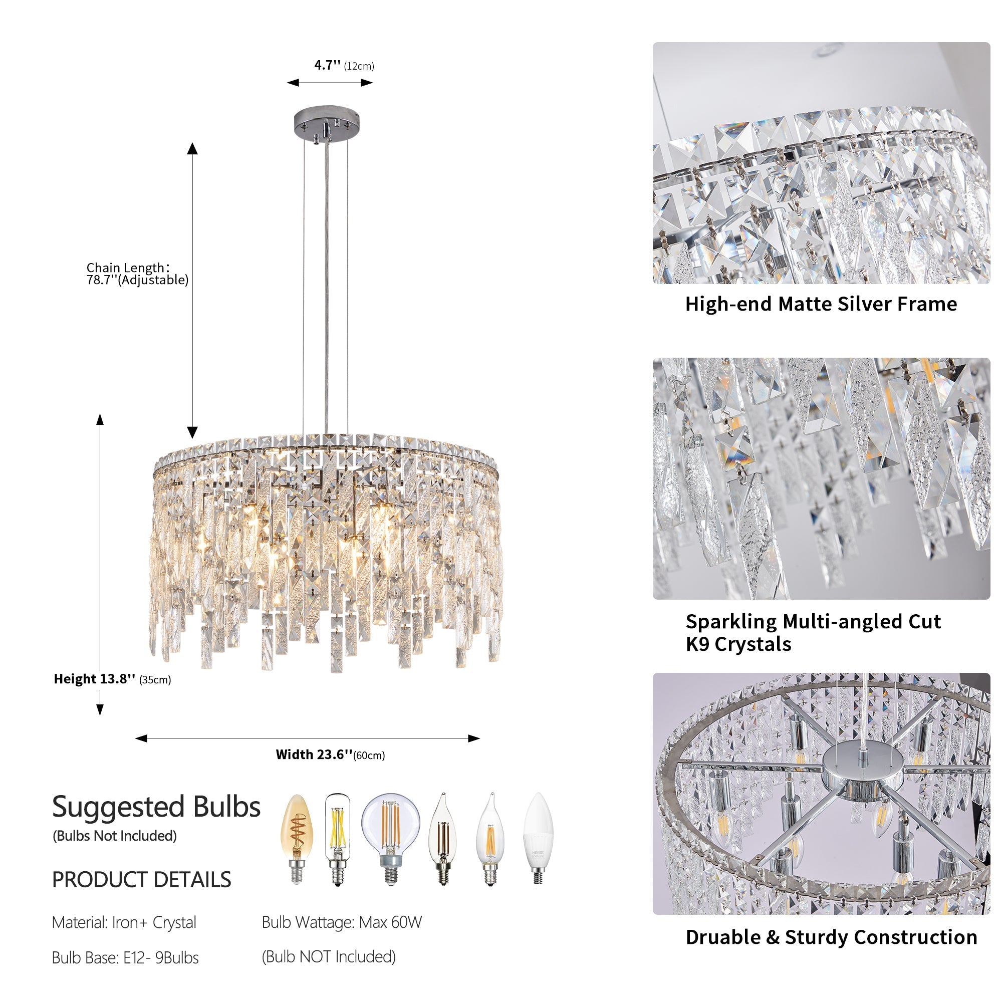 24" Luxurious Round Silver Crystal Chandelier