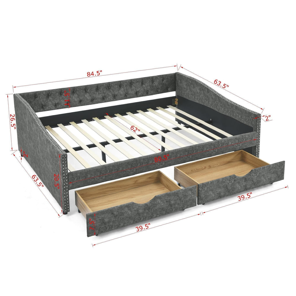 Upholstered Tufted Daybed With Drawers, Waved Arms