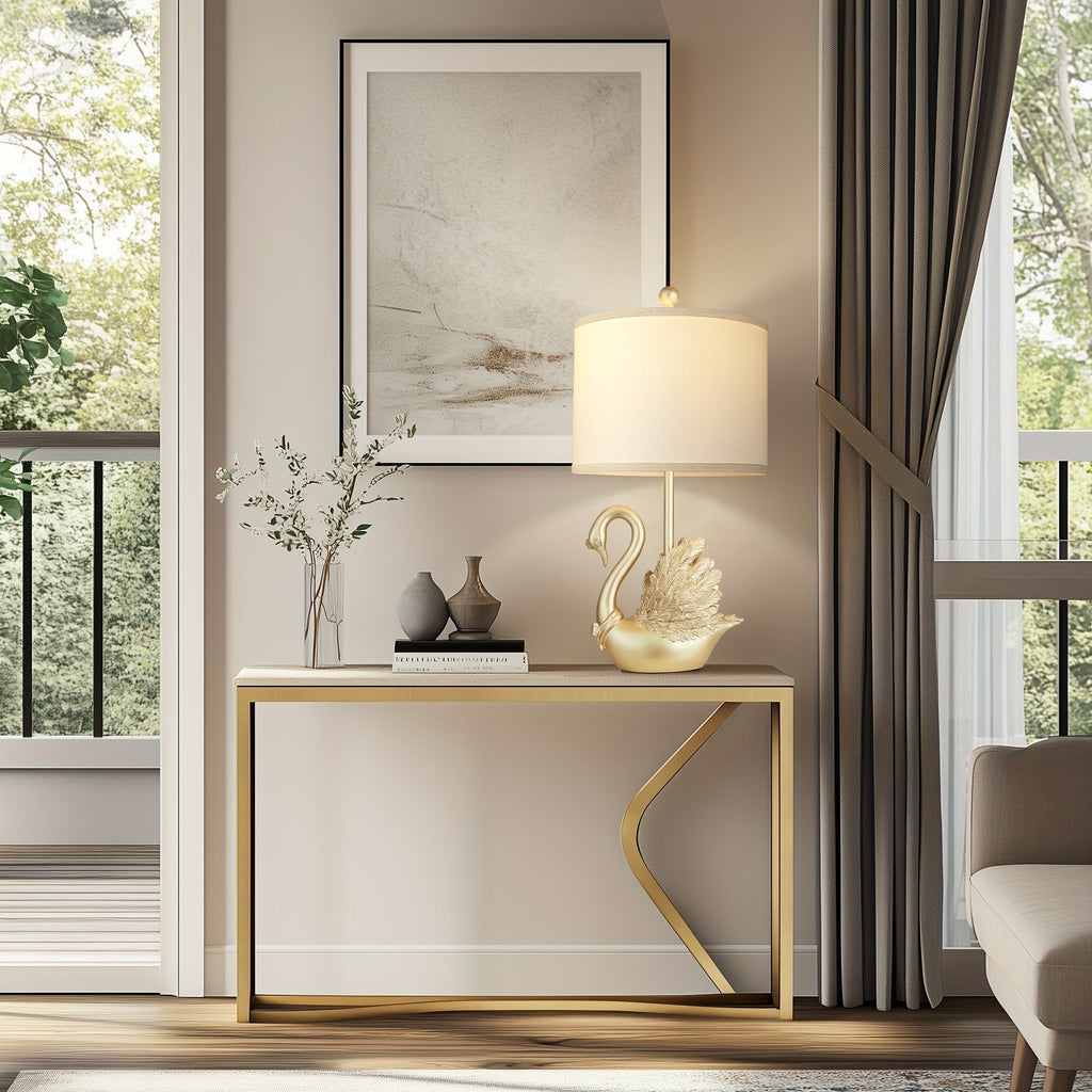 Two-Piece Set of Golden Brass Swan Table Lamps with LED Bulbs