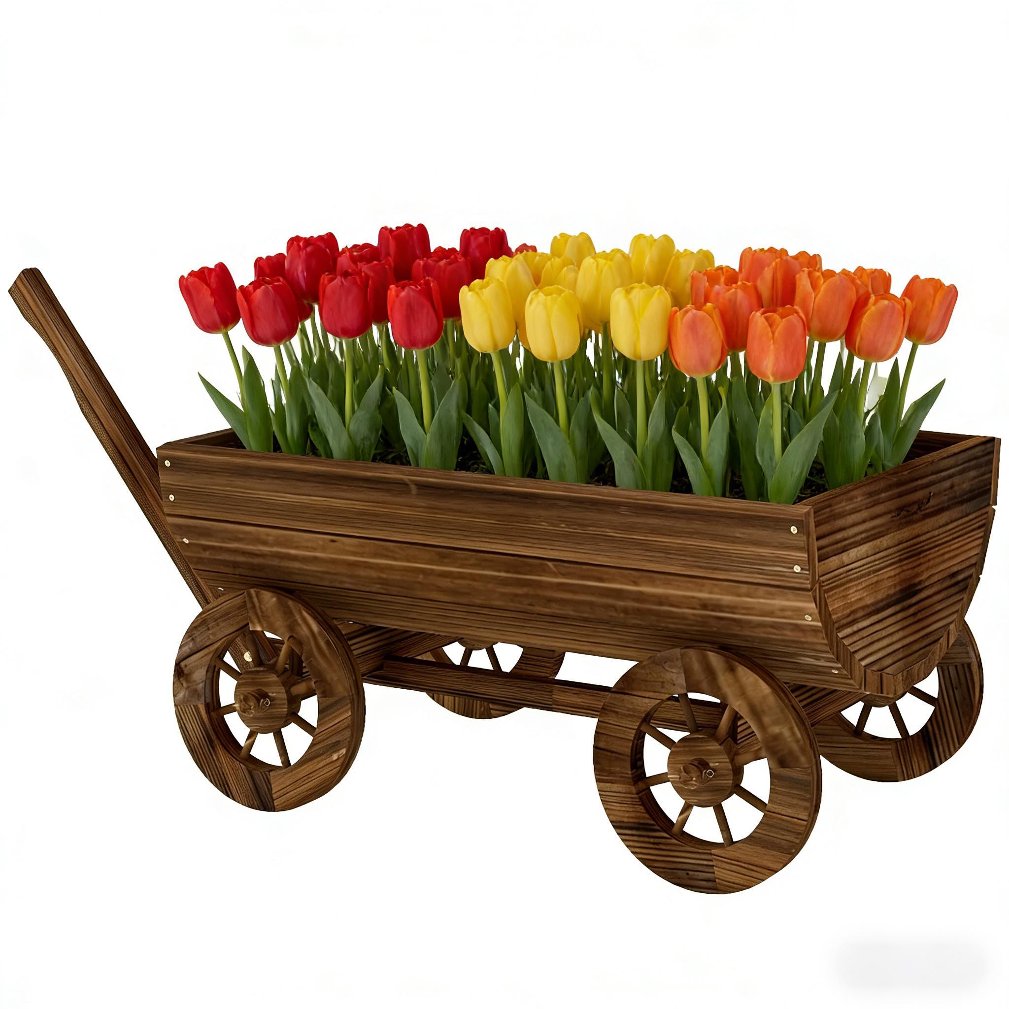 Small Wheelbarrow Wagon Flower Cart Wooden Mobile Garden Planter
