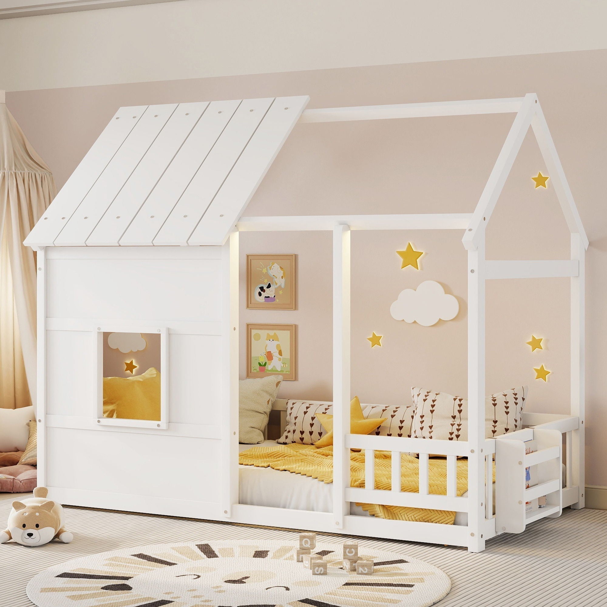House Floor Bed With 7 Color LED Light, Built In Bookshelf
