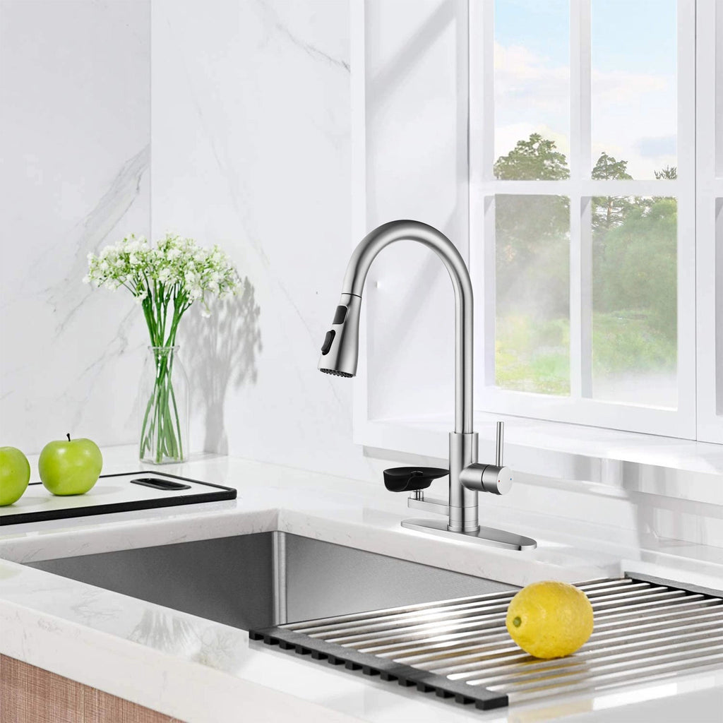 3-in-1 Kitchen Faucet with LED Temperature Display, Press-Type Glass Rinser, Pull-Down Sprayer, 3 Spray Modes, Brushed Nickel Finish, Stainless Steel Construction