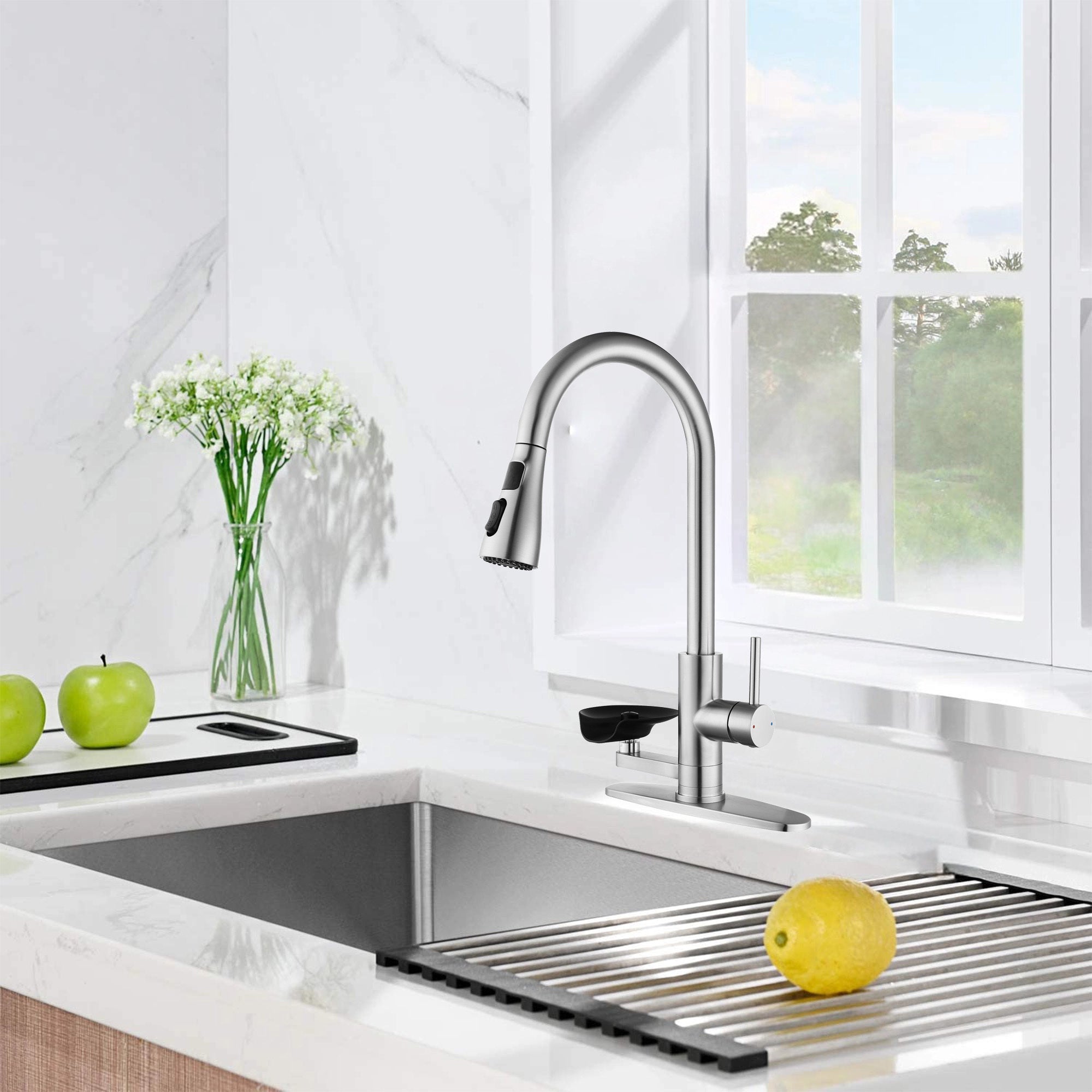 3-in-1 Kitchen Faucet with LED Temperature Display, Press-Type Glass Rinser, Pull-Down Sprayer, 3 Spray Modes, Brushed Nickel Finish, Stainless Steel Construction