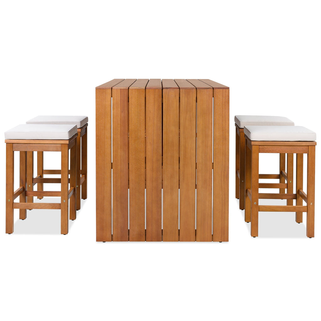 5 Piece Outdoor Bar Set with Acacia Wood Table & Cushioned Stools