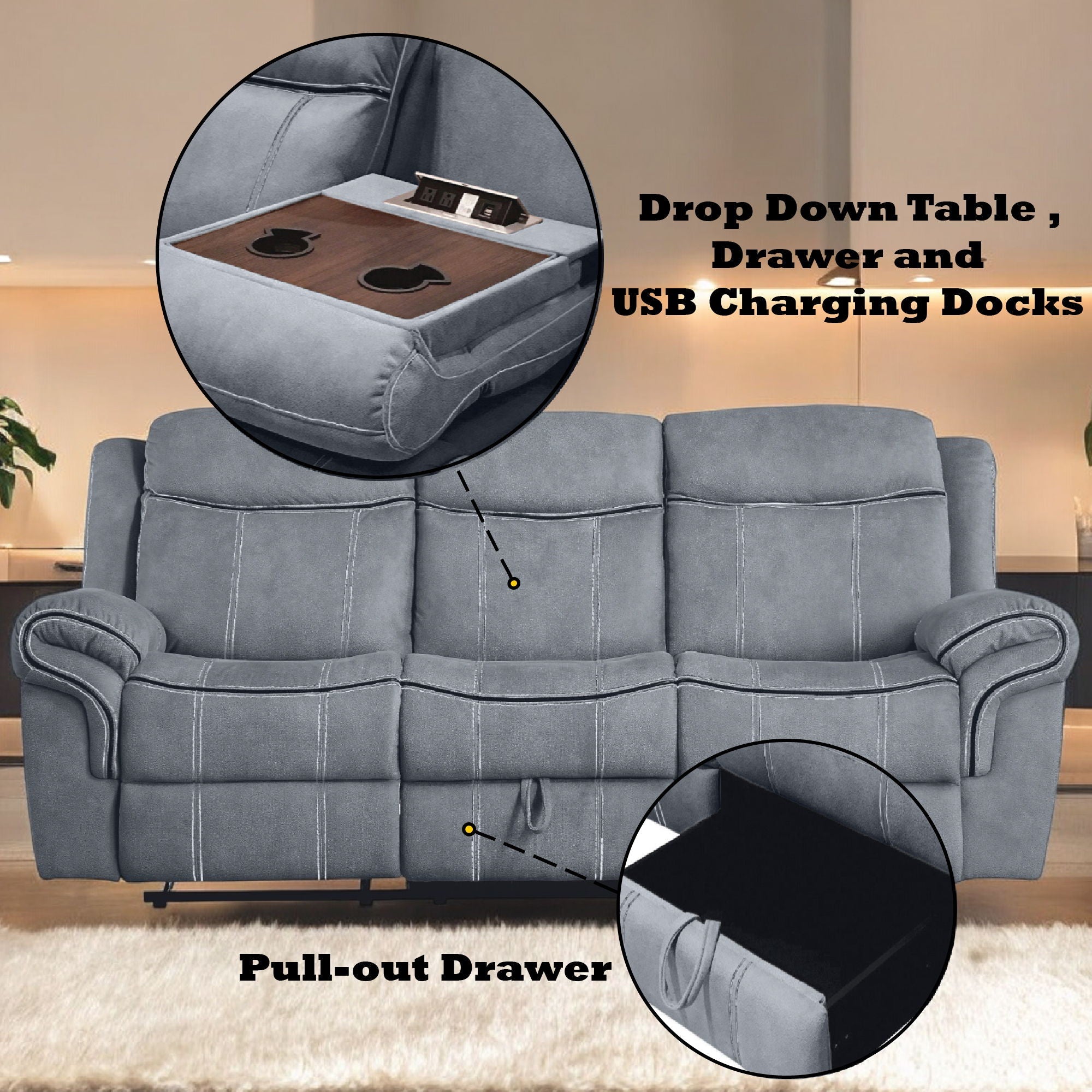 Zubaida Two Tone Recliner Sofa with USB Port and Drop Down Table