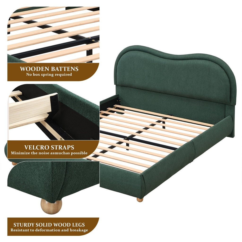 Queen Size Upholstered Platform Bed Frame with Rounded Corners Curved Headboard