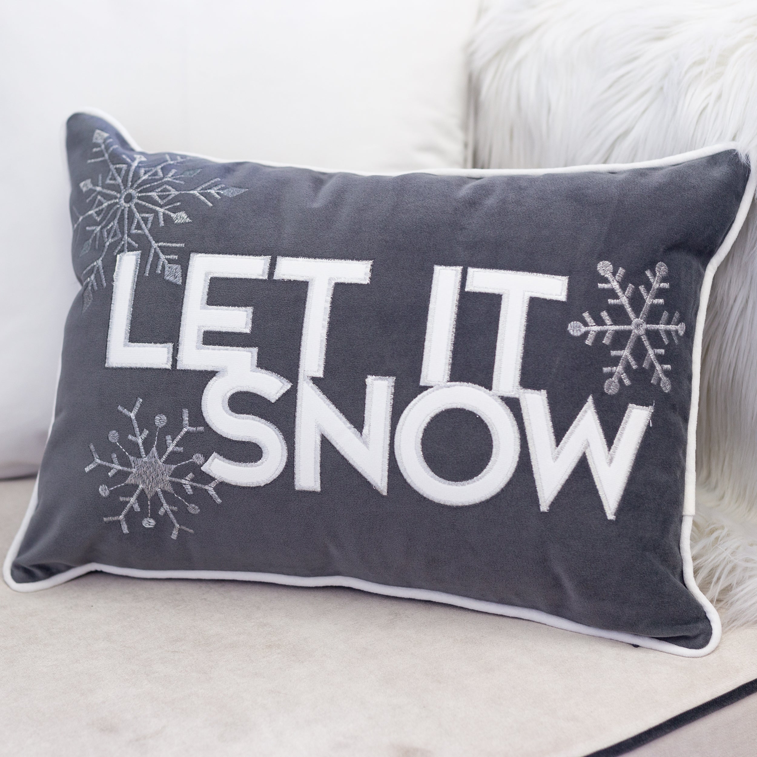 Nneka Let It Snow Gray Velvet Lumbar Pillow with Insert 14x20