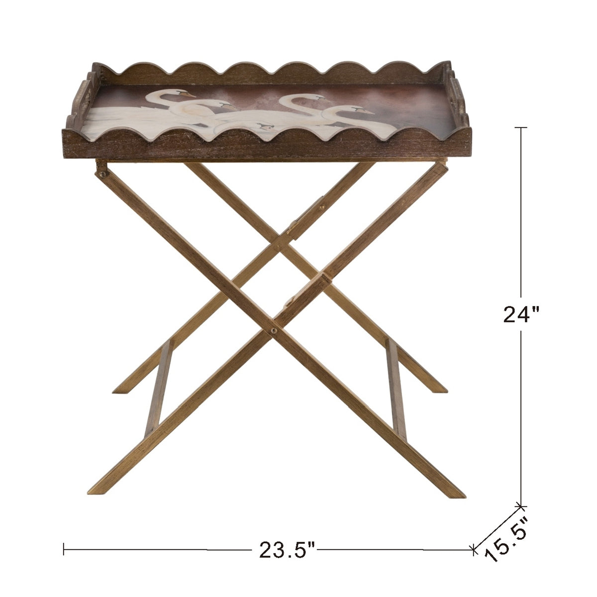 23.5x15.5x24 Brown MDF Tray Table with White Swan Motif and Iron Base