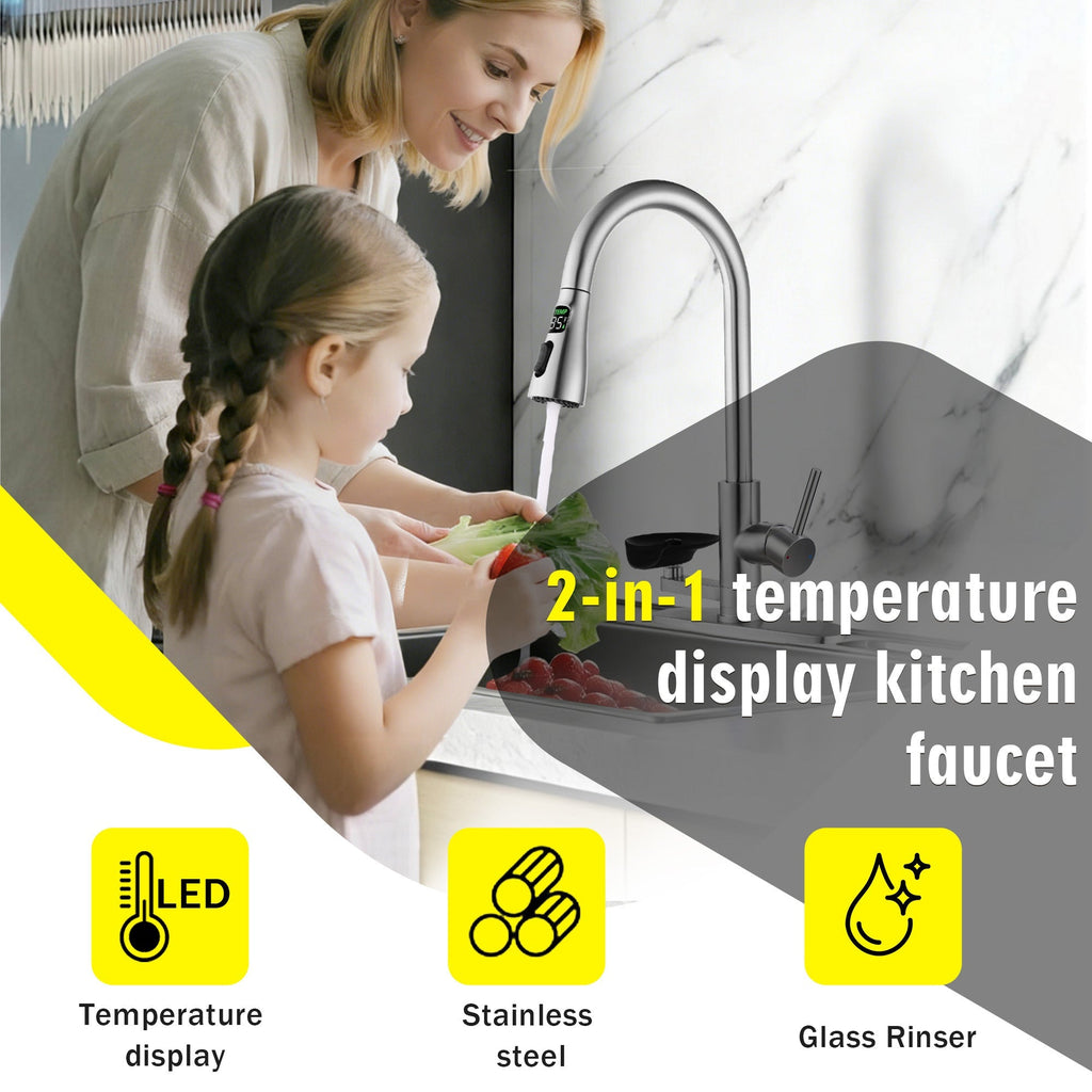 3-in-1 Kitchen Faucet with LED Temperature Display, Press-Type Glass Rinser, Pull-Down Sprayer, 3 Spray Modes, Brushed Nickel Finish, Stainless Steel Construction