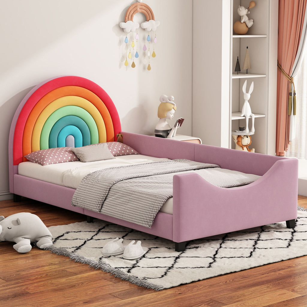 Rainbow Upholstered Twin Daybed Low To The Ground Design Cute Style Princess Bed - Colorful / Pink