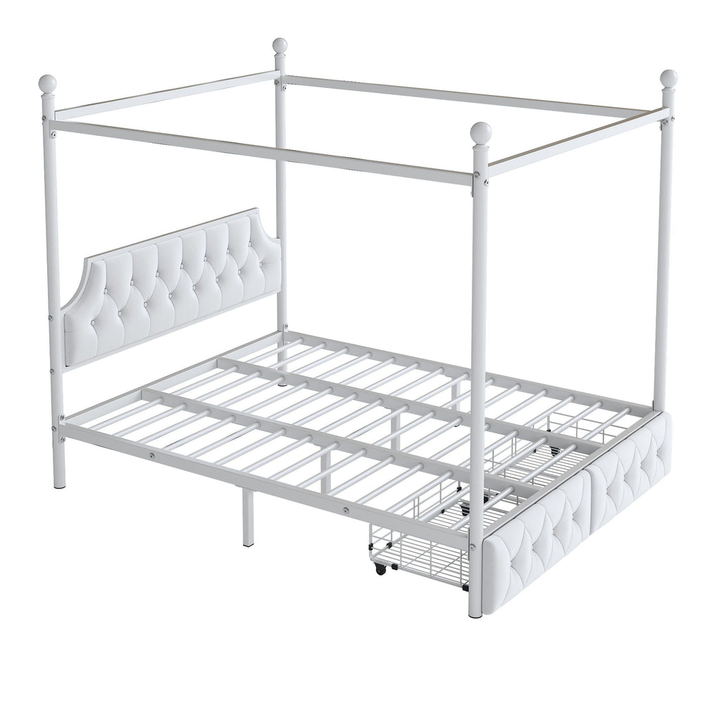 Queen Size Canopy Platform Bed With Upholstered Headboard And 2 Storage Drawers - White