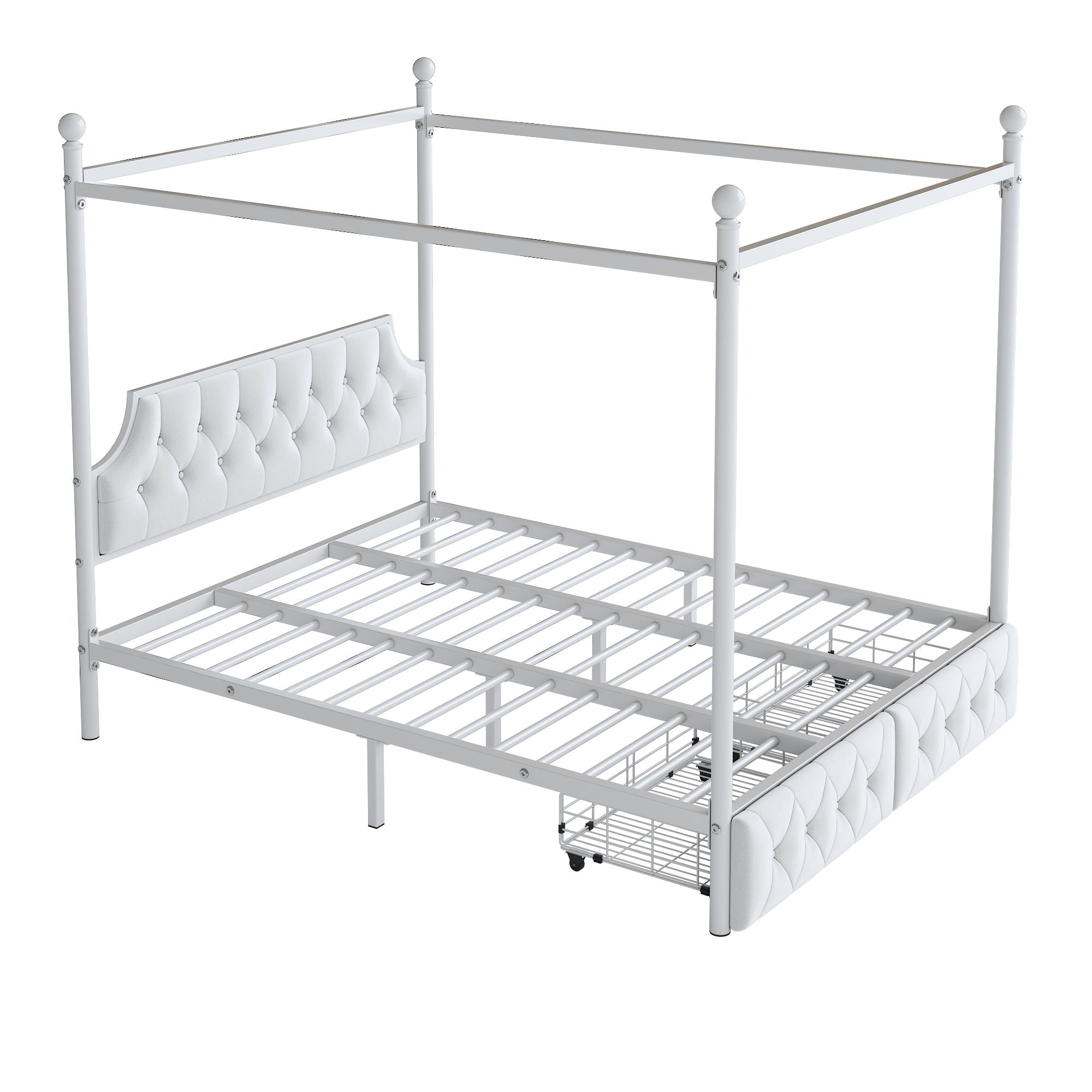 Queen Size Canopy Platform Bed With Upholstered Headboard And 2 Storage Drawers - White
