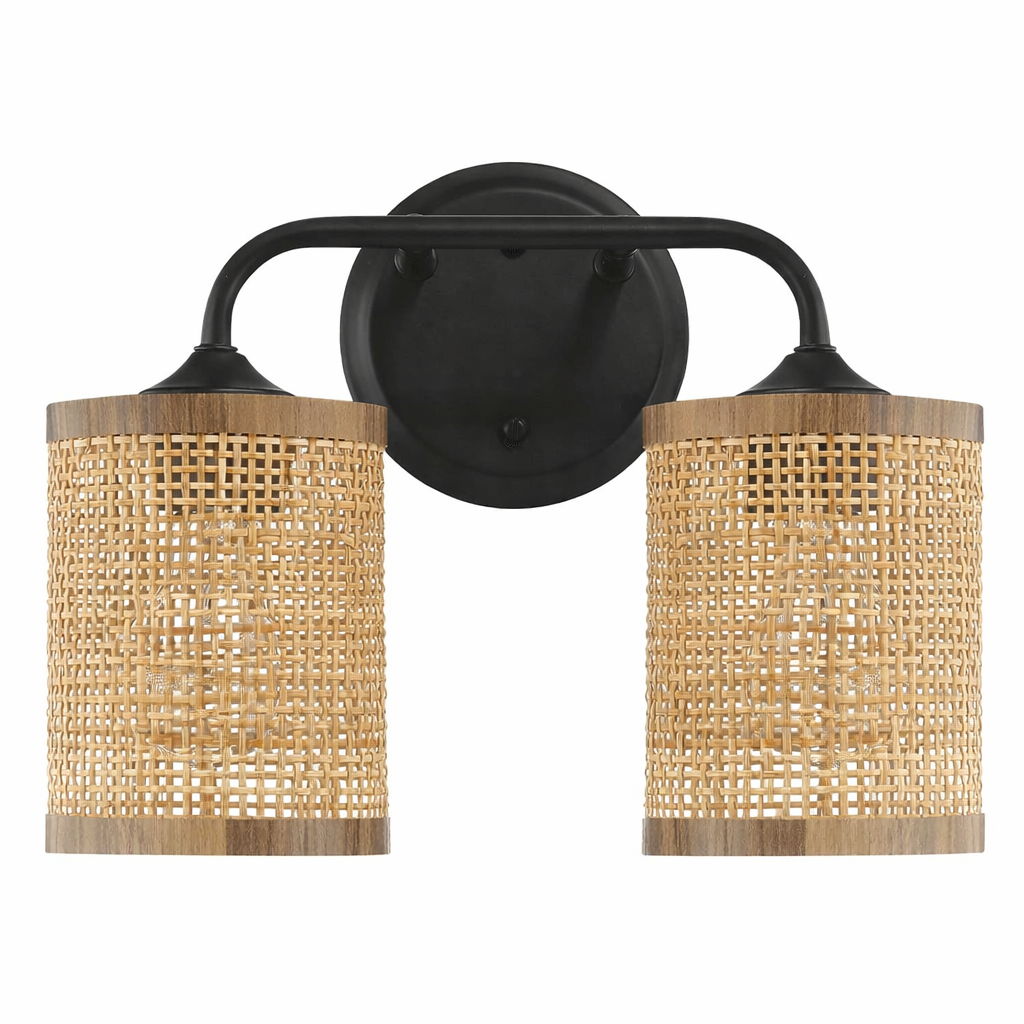 Quell - Double Light Vanity With Natural Shade Wall Lamp - Black / Rattan