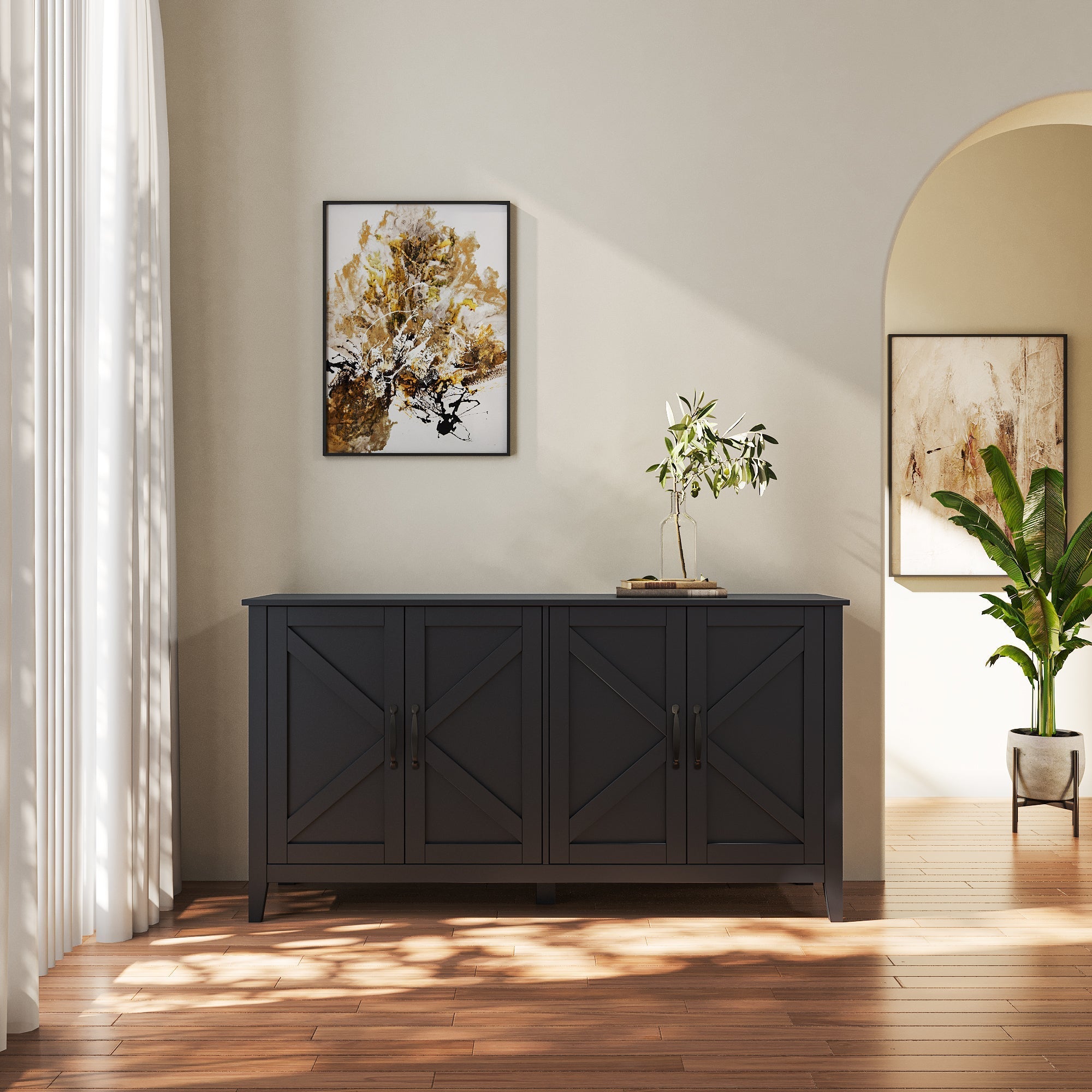 Cabinet With 4 Doors and 4 Open Shelves Freestanding Sideboard