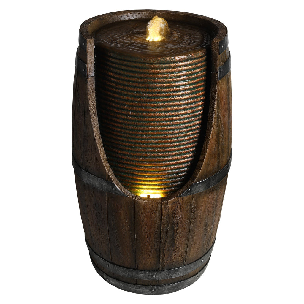Outdoor Barrel Water Fountain with Rustic Wood Look Resin