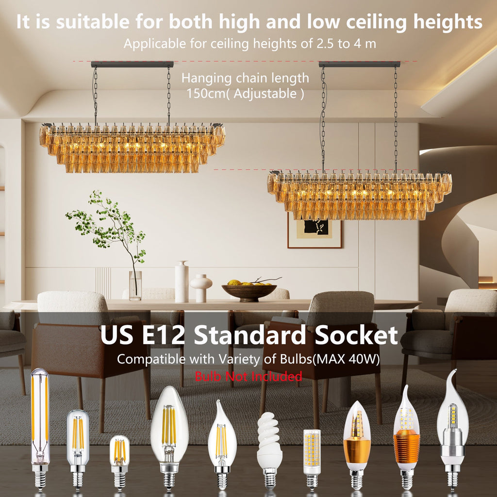54-Inch Black Rectangular 12-Light Smoke Glass Chandelier