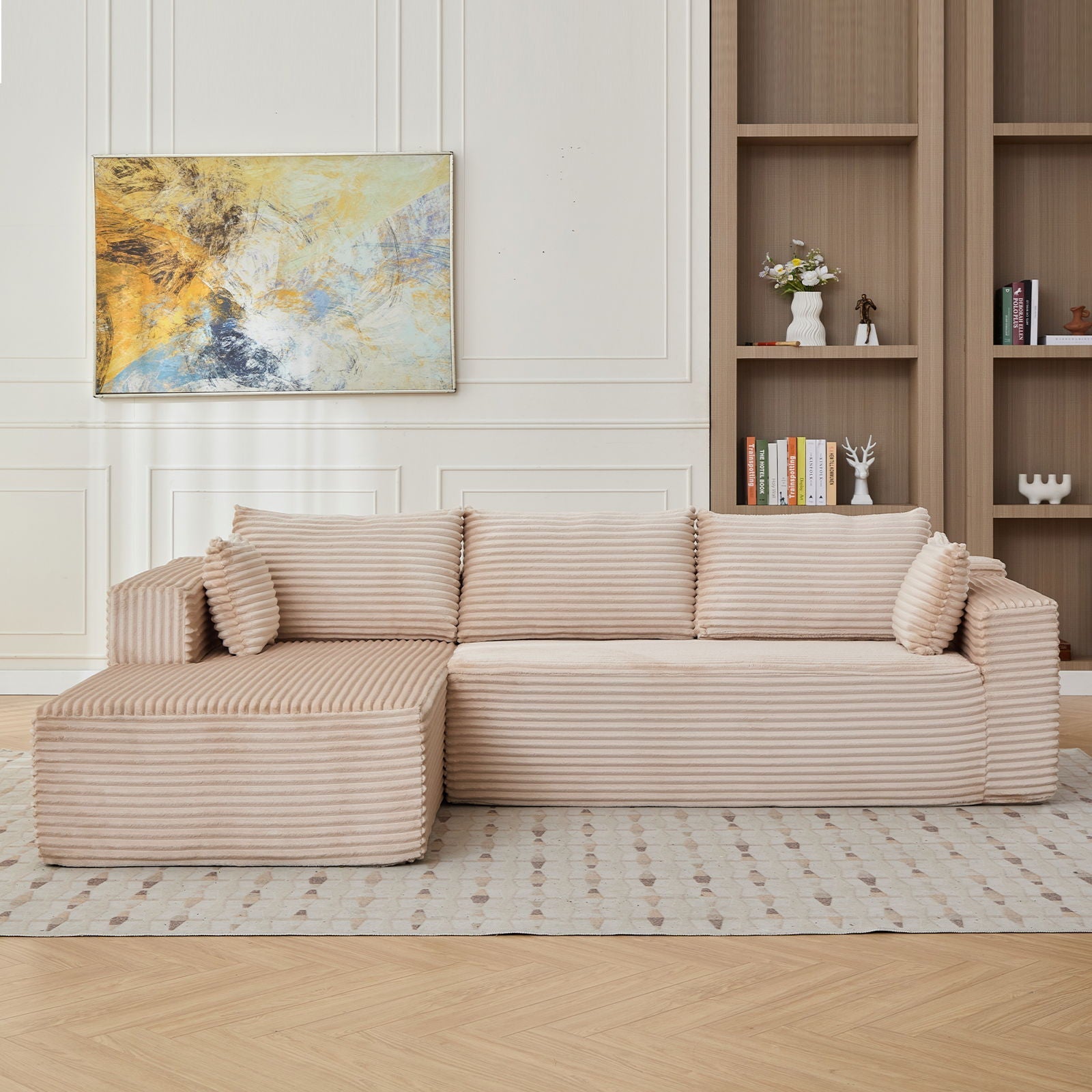 Compression Sectional Couch With Comfy Chaise, Boneless L Shape Sofa With Deep Seat