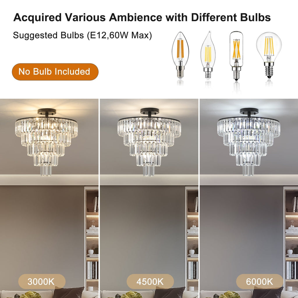 20' Black Crystal Chandelier Ceiling Light, Modern Luxury 10-Light Flush Mount