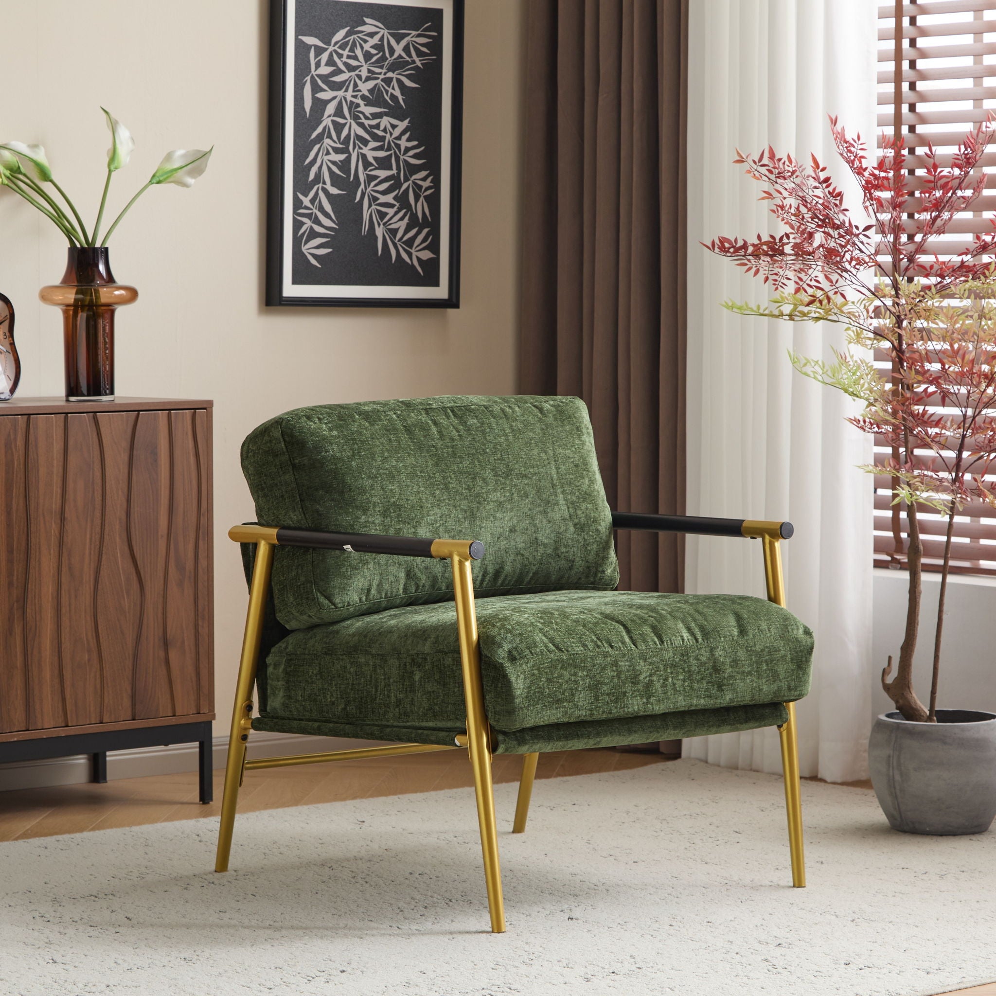 Modern Accent Chair With Plush Cushions and Wooden Armrests