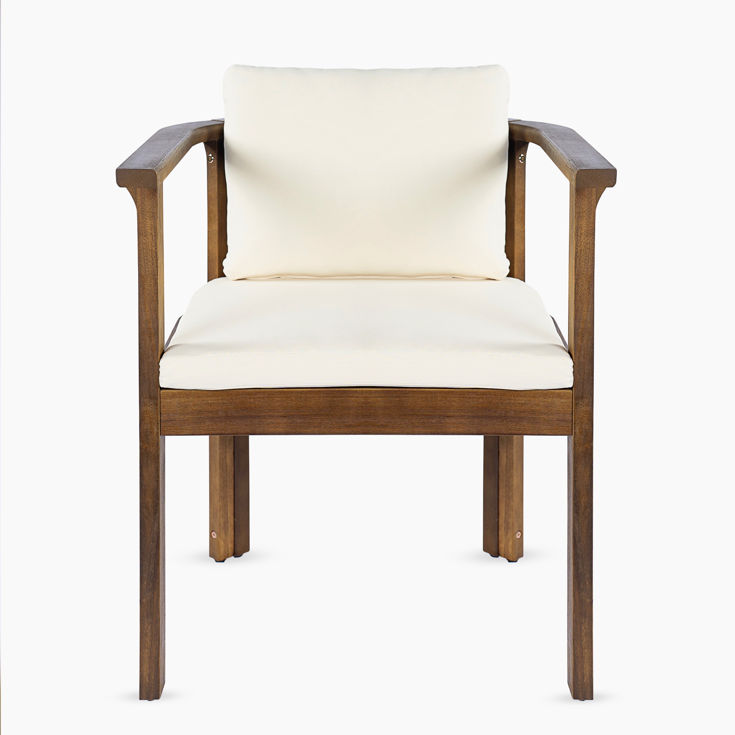 Outdoor Dining Chair Set of 2 with Curved Acacia Wood Arms, Brown Finish and Cream Cushions