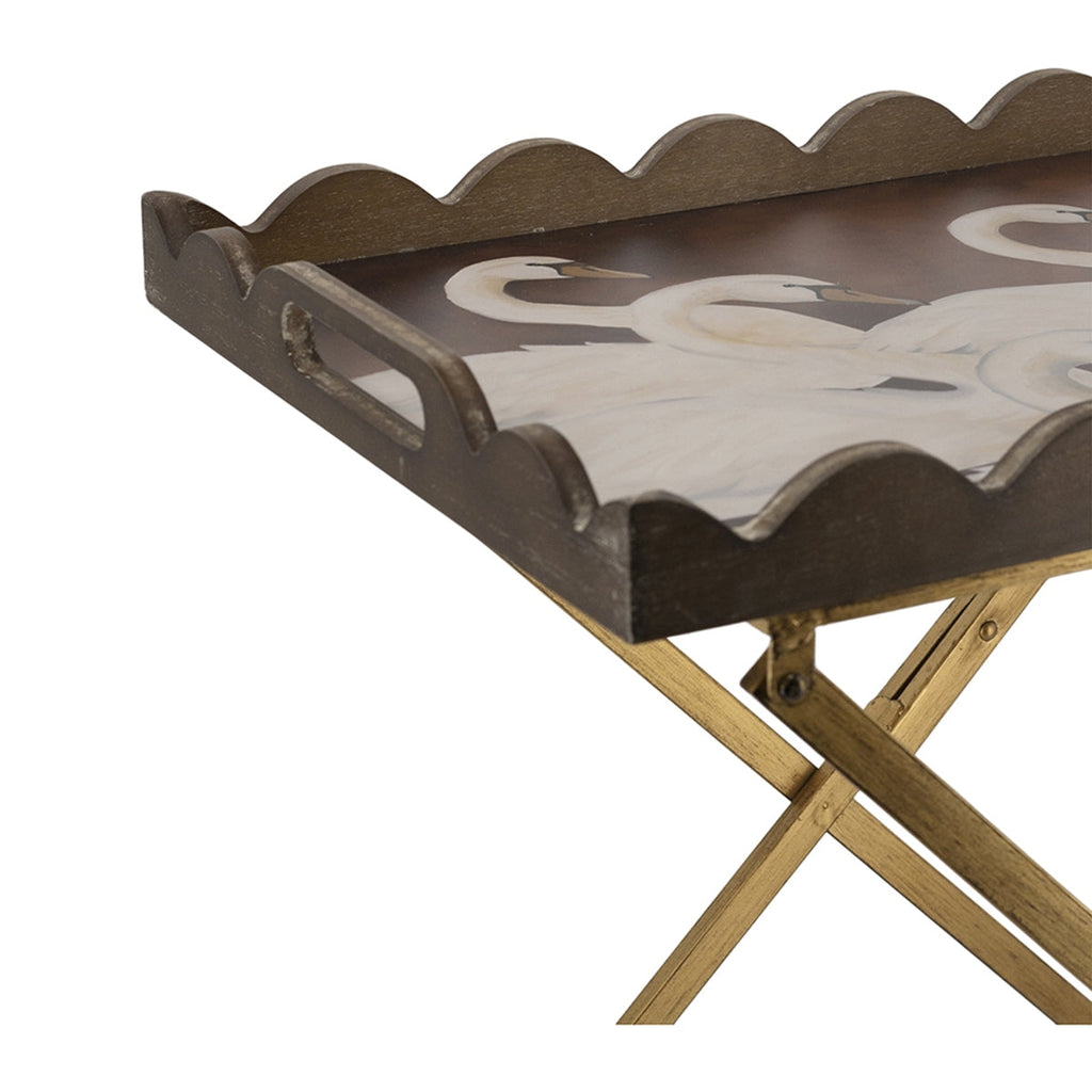 23.5x15.5x24 Brown MDF Tray Table with White Swan Motif and Iron Base