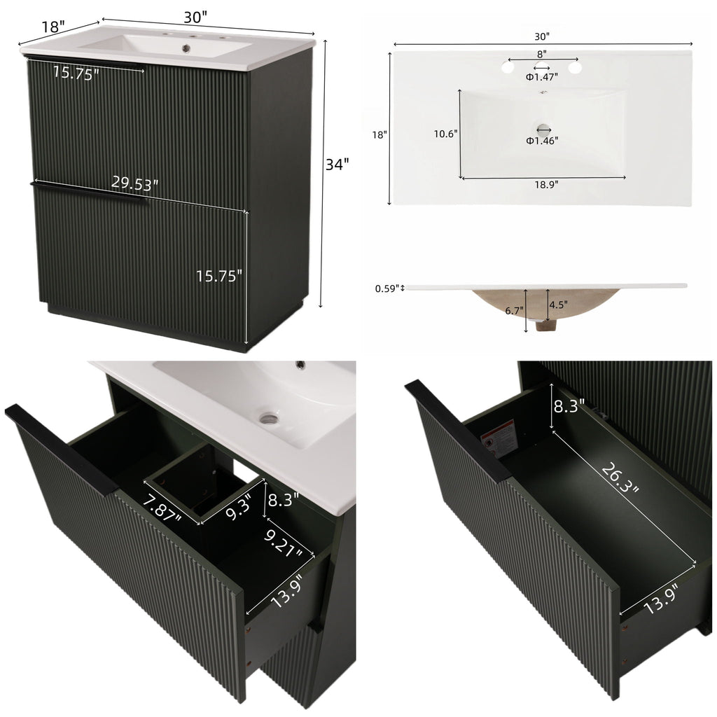 Fluted Bathroom Vanity With Ceramic Sink and Soft-Close Slides