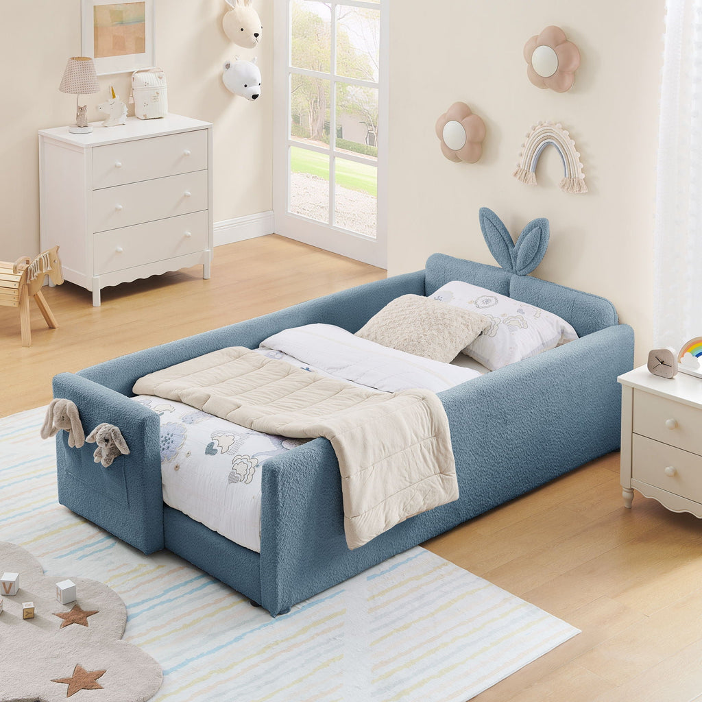 Cute Rabbit Ear Upholstered Platform Bed Frame With Safety Rail