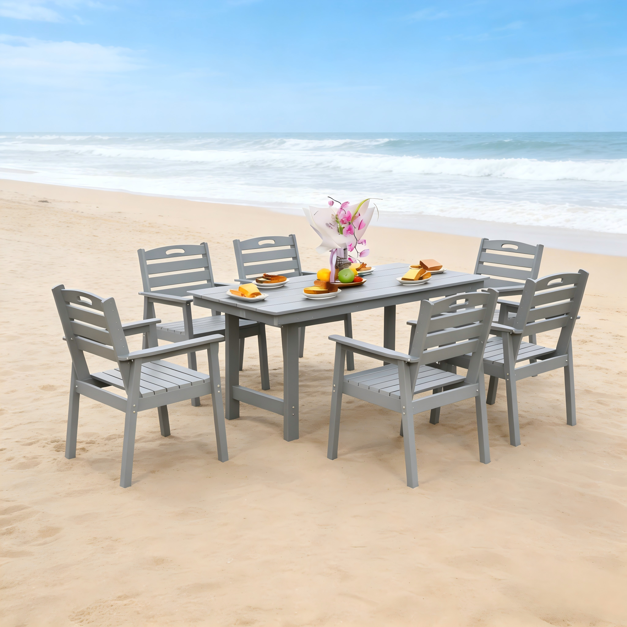 HDPE Outdoor Patio Dining Set - Table and Six Chairs