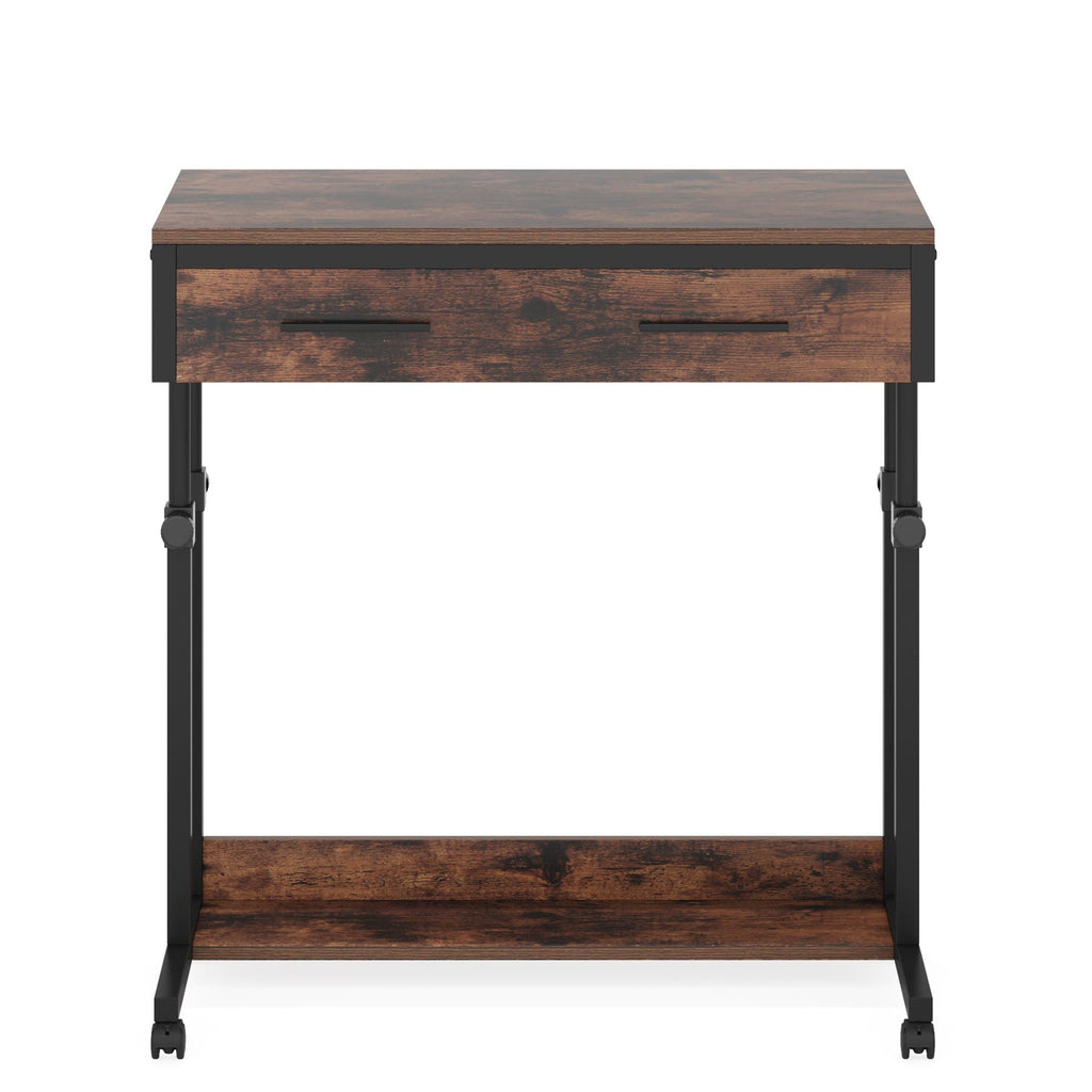 Portable Laptop Desk With Drawer & Wheels, Height Adjustable, Storage Shelf - Brown / Black
