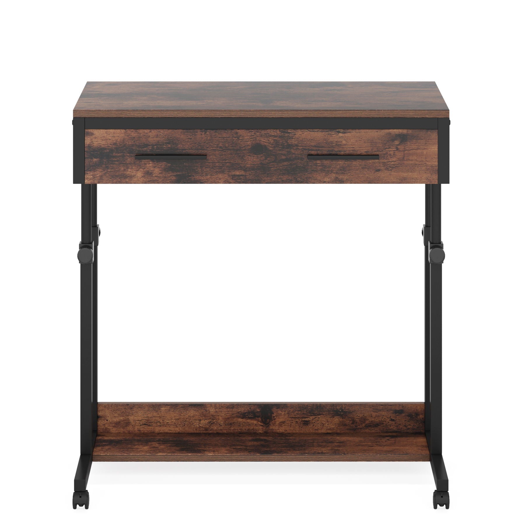 Portable Laptop Desk With Drawer & Wheels, Height Adjustable, Storage Shelf - Brown / Black