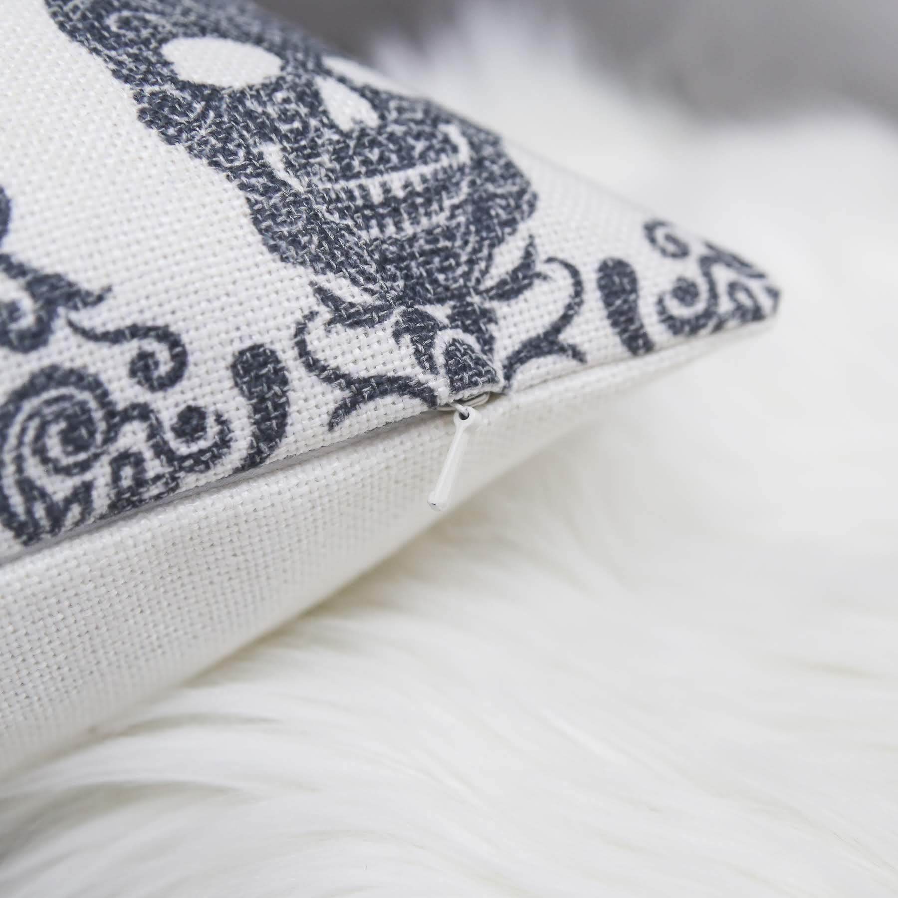 Gothic Damask Skull Throw Pillow – Black & White Cotton Linen