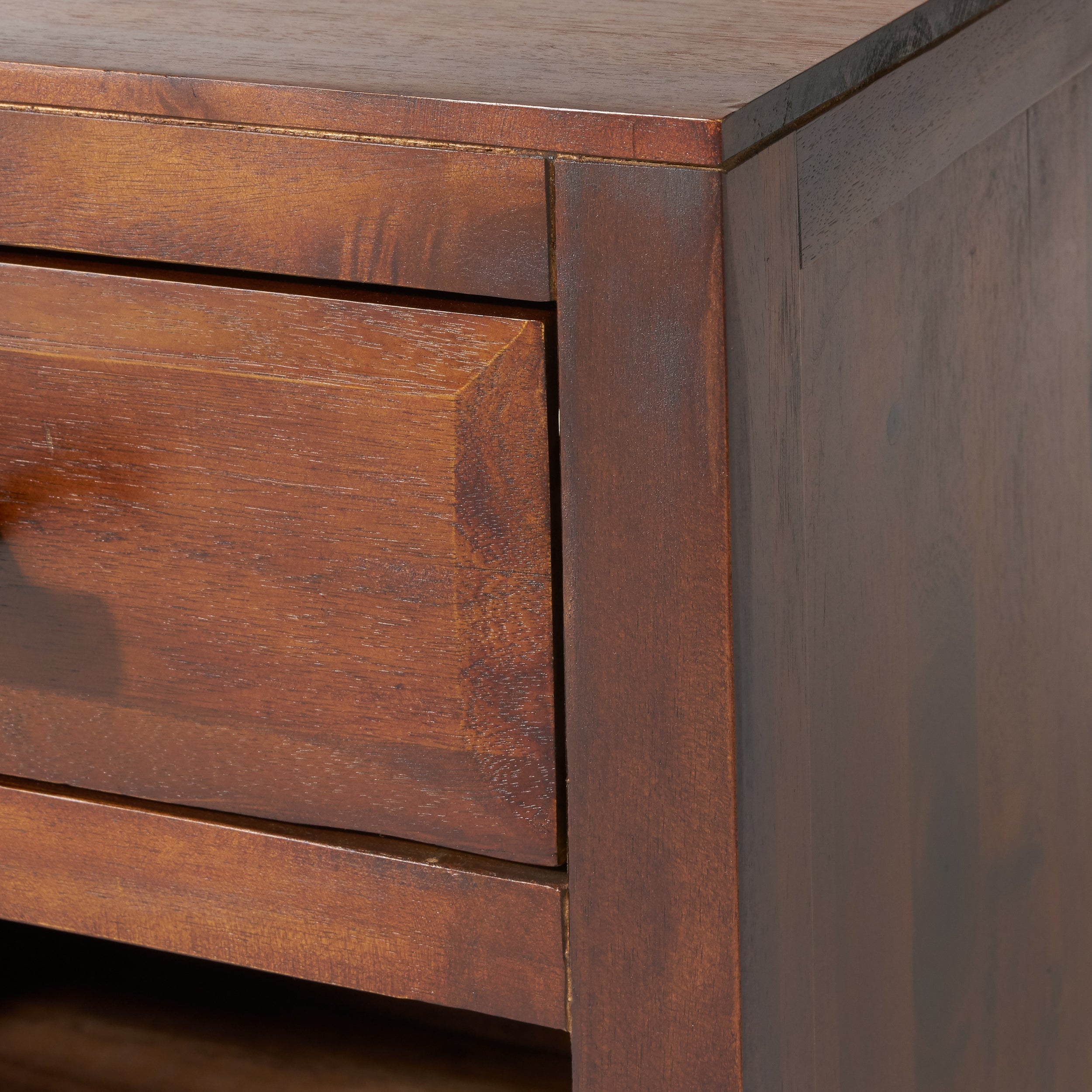 End Table in Brown Acacia Wood with Storage Drawer and Shelf