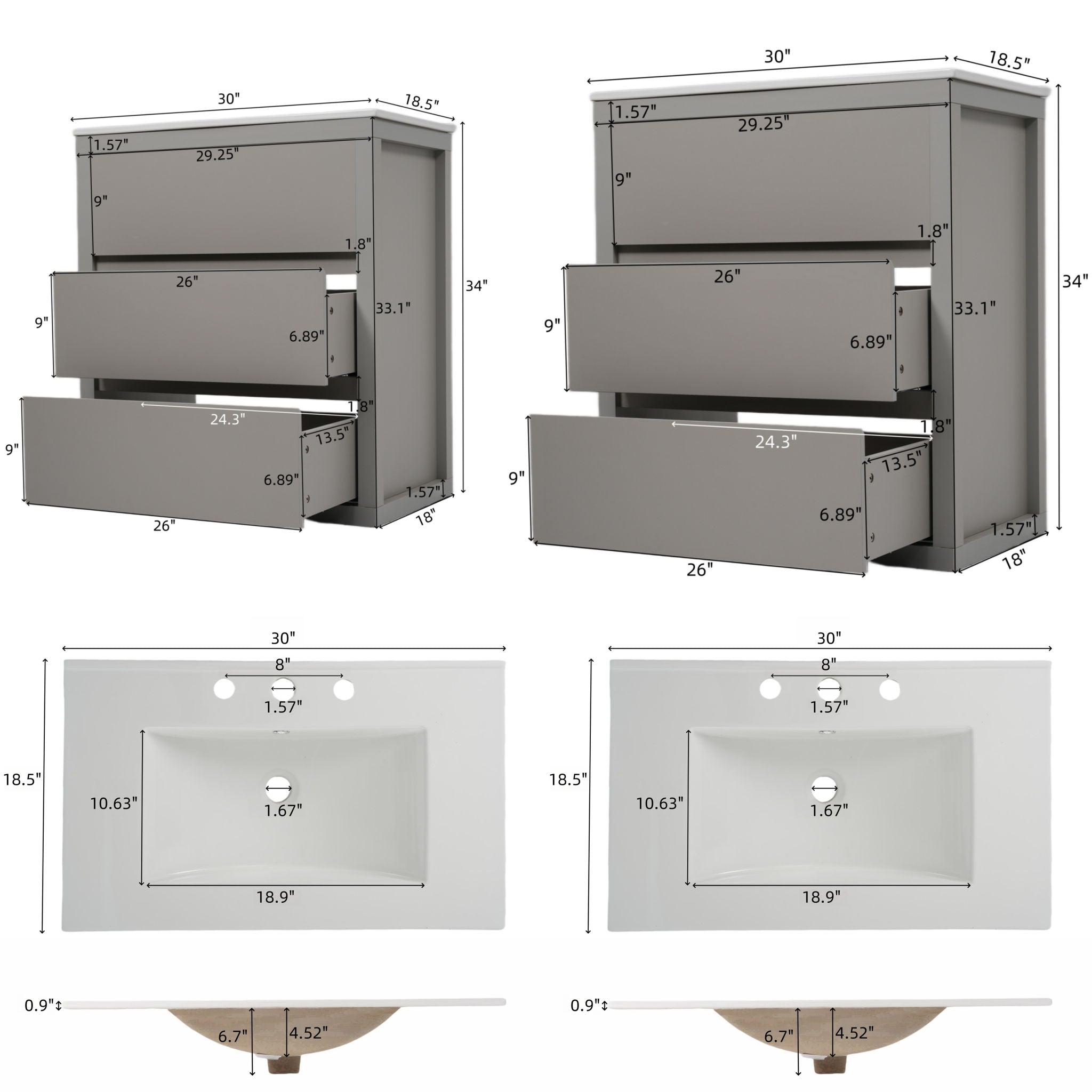 Double Sinks Bathroom Vanity Set with 2 Ceramic Basins