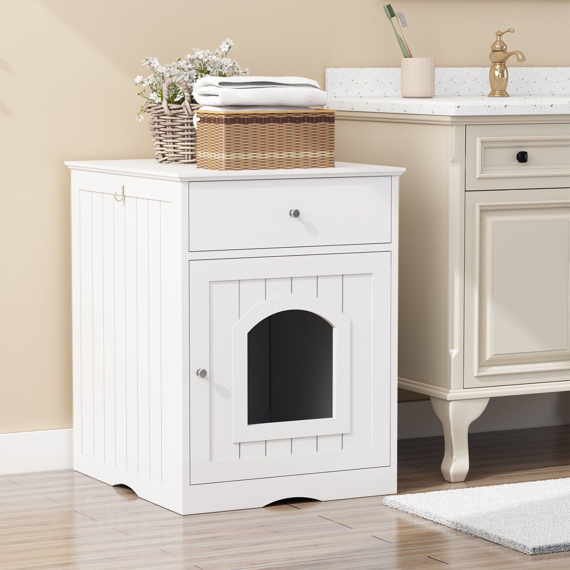 Pet House Cat Litter Box Enclosure With Drawer, Side Table