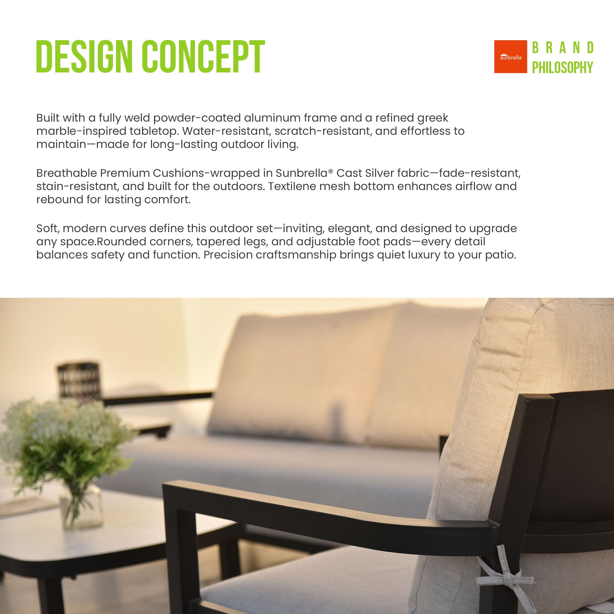 Outdoor Patio Furniture Chat Set with Sunbrella Cushions and Side Table