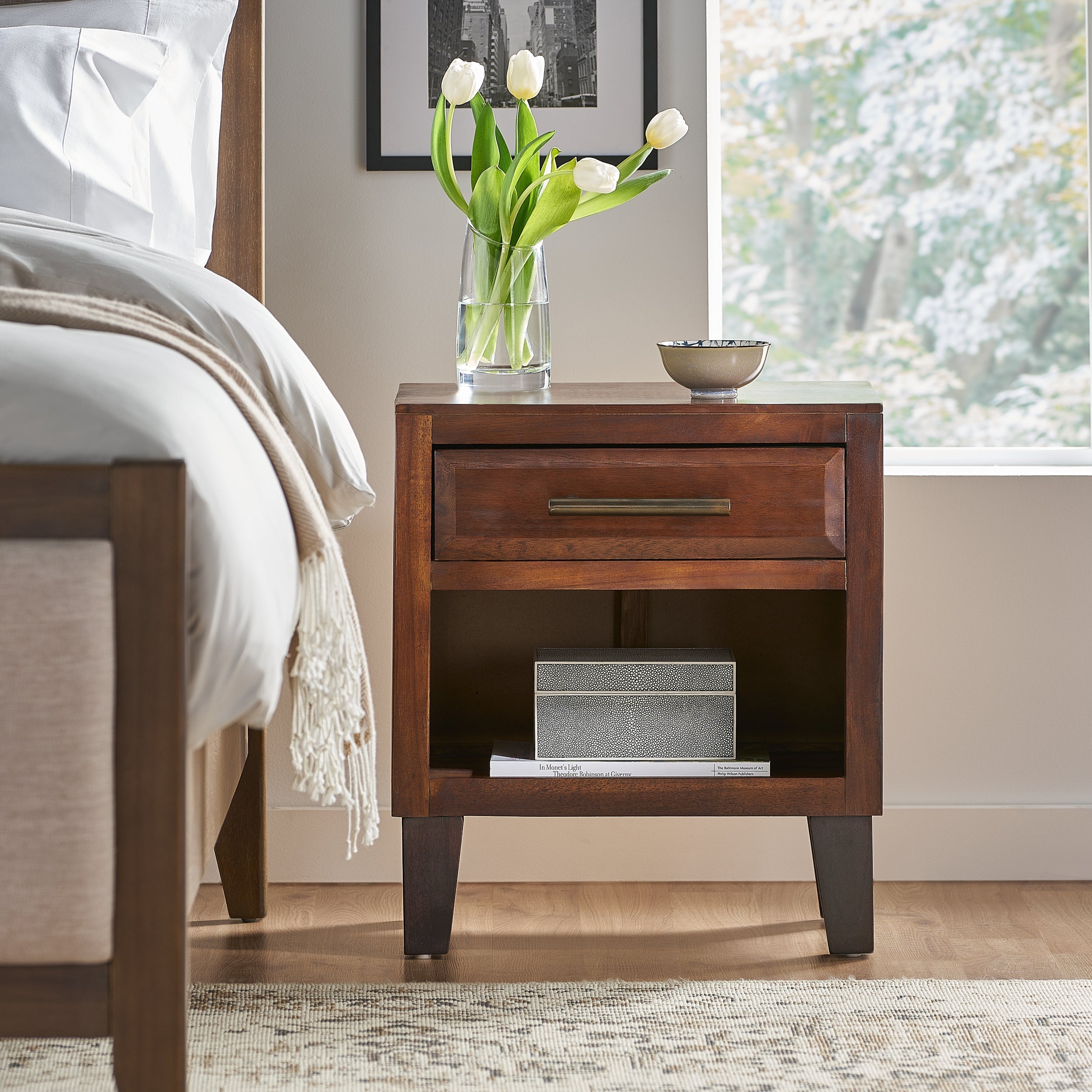 End Table in Brown Acacia Wood with Storage Drawer and Shelf