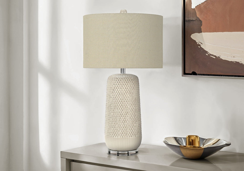 Contemporary Lighting Table Lamp in Cream Ceramic and Beige Fabric