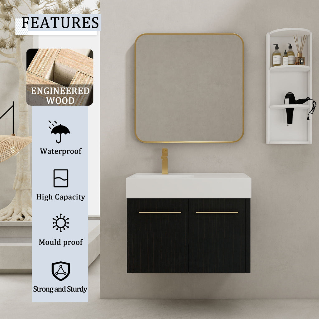 Modern Wall Mounted Bathroom Vanity With Resin Sink and Storage Rack