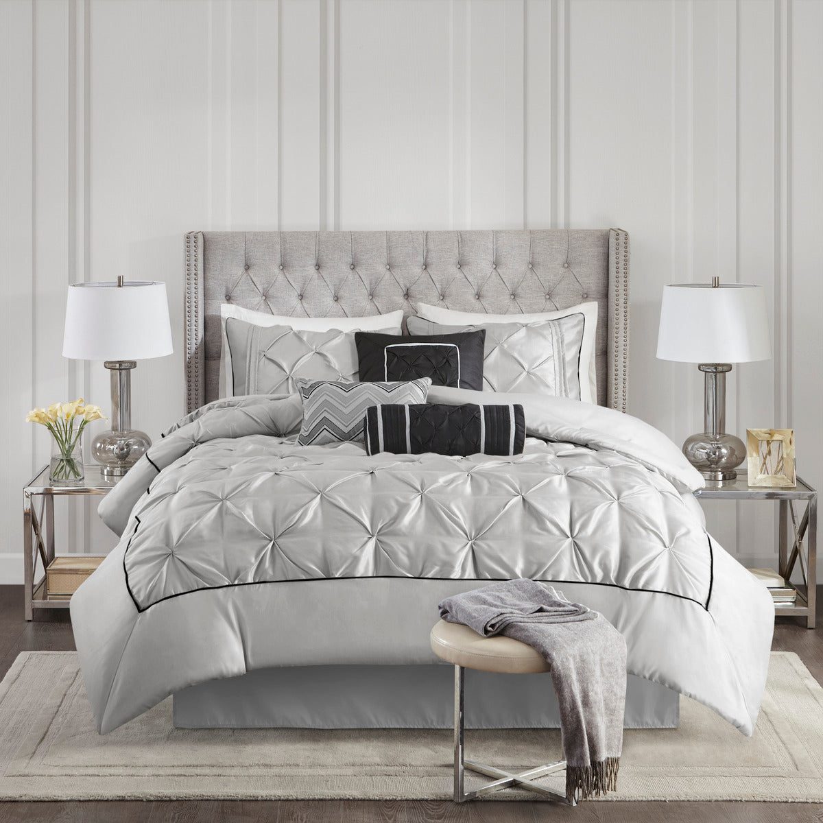7 Piece Tufted Comforter Set Grey Queen