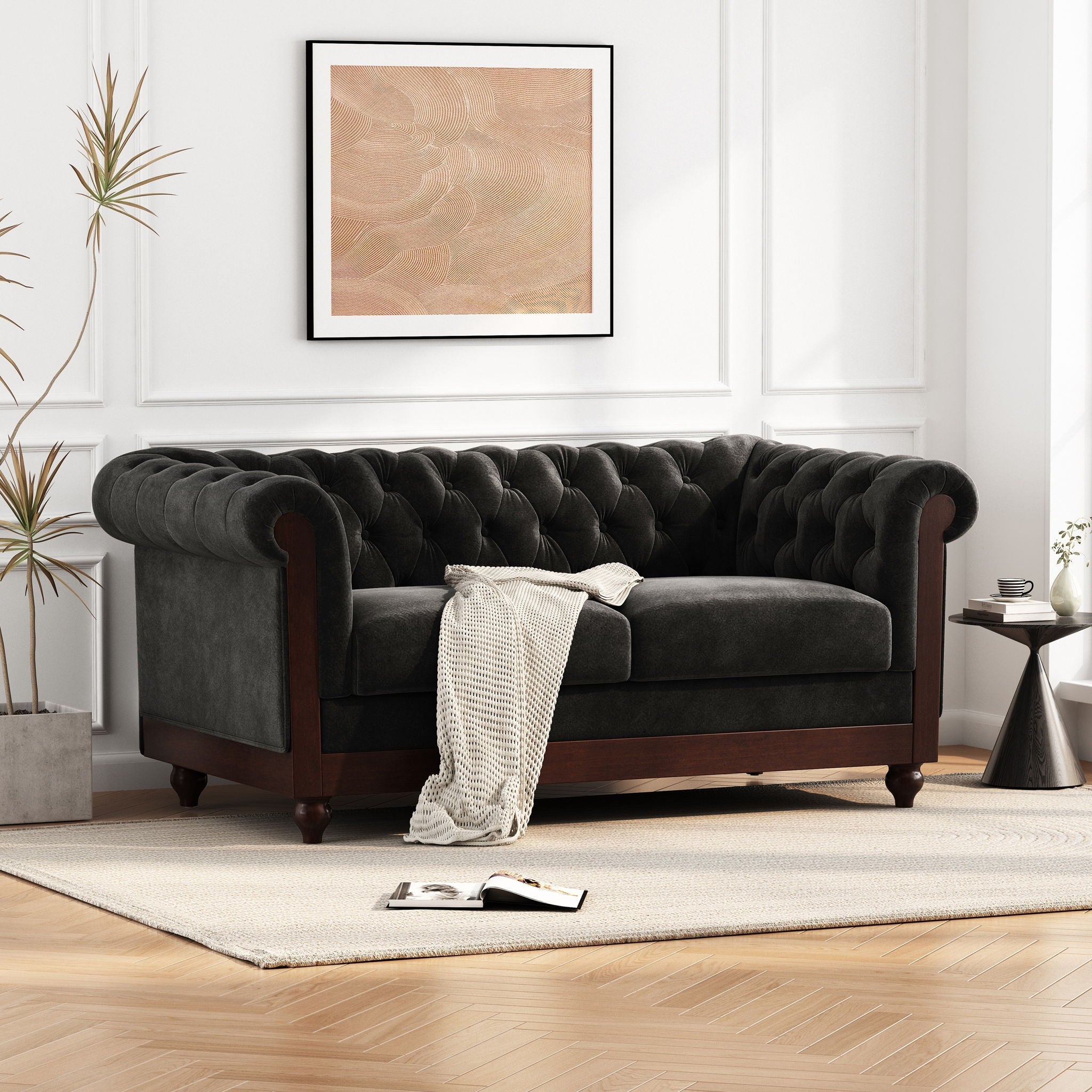 Chesterfield Loveseat Sofa, 2 Person Rolled Arm Upholstered Couch