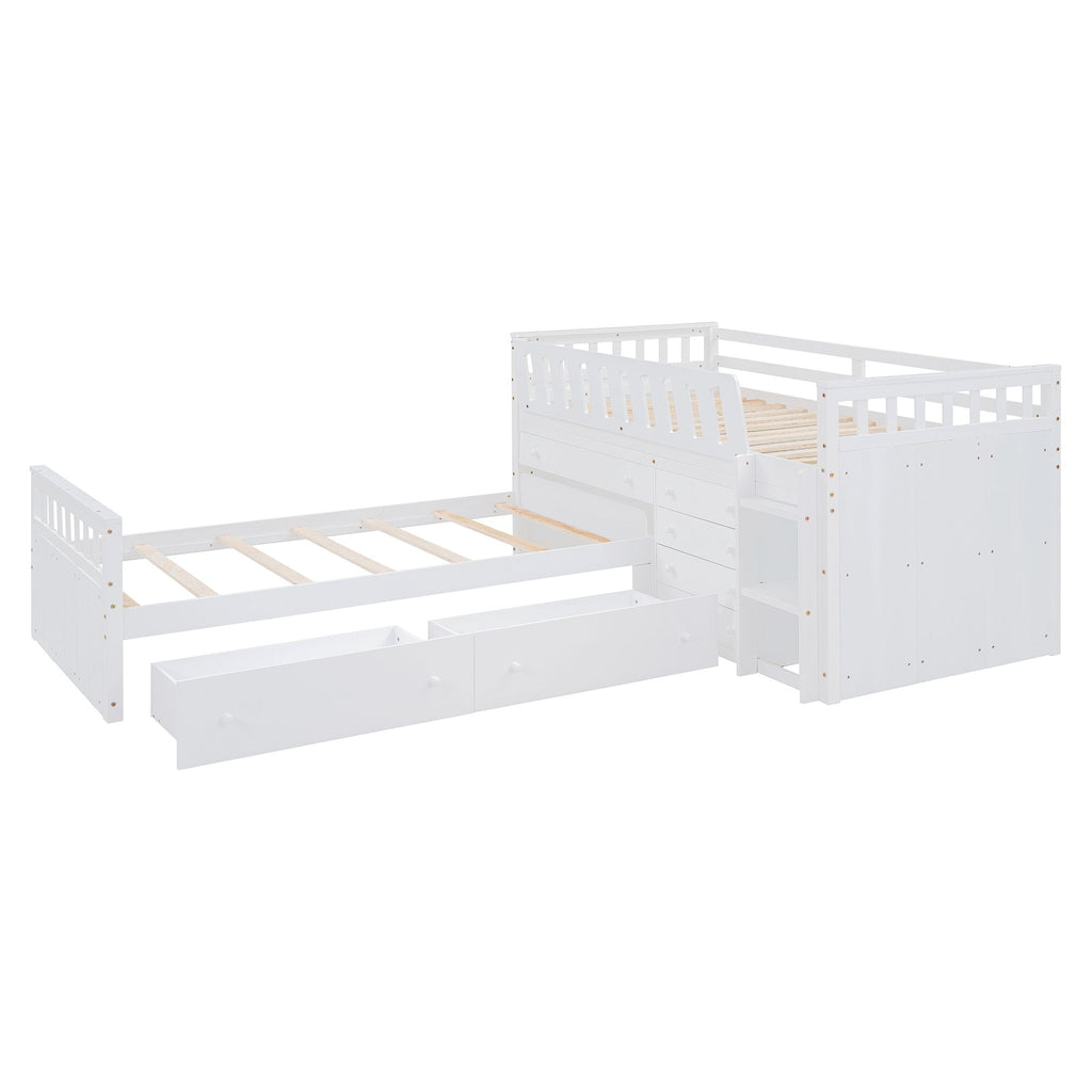 Loft Platform Bed With 7 Drawers And Full Guardrails, Modern L Shaped Space Savin