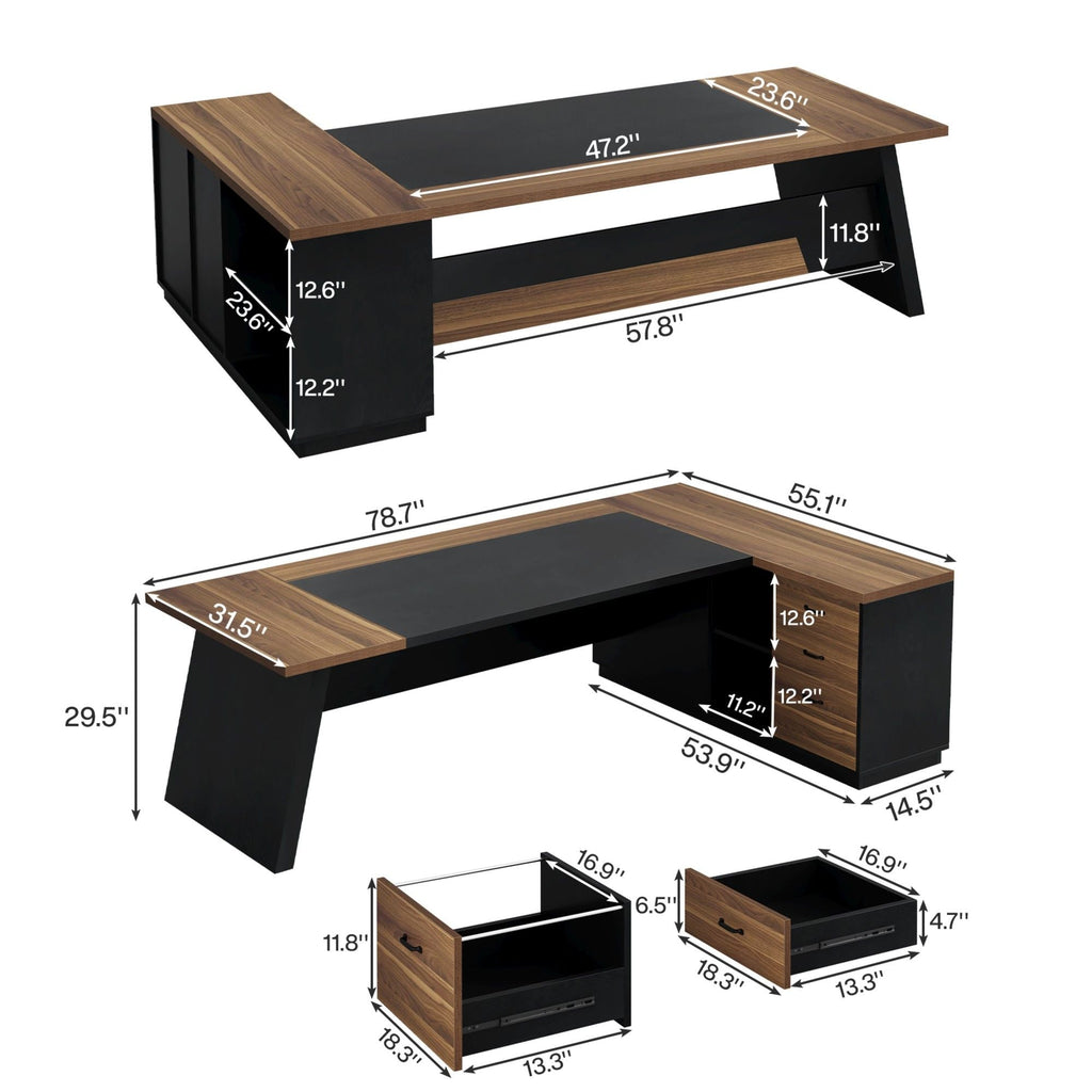 L-Shaped Executive Desk With File Cabinet & Drawers