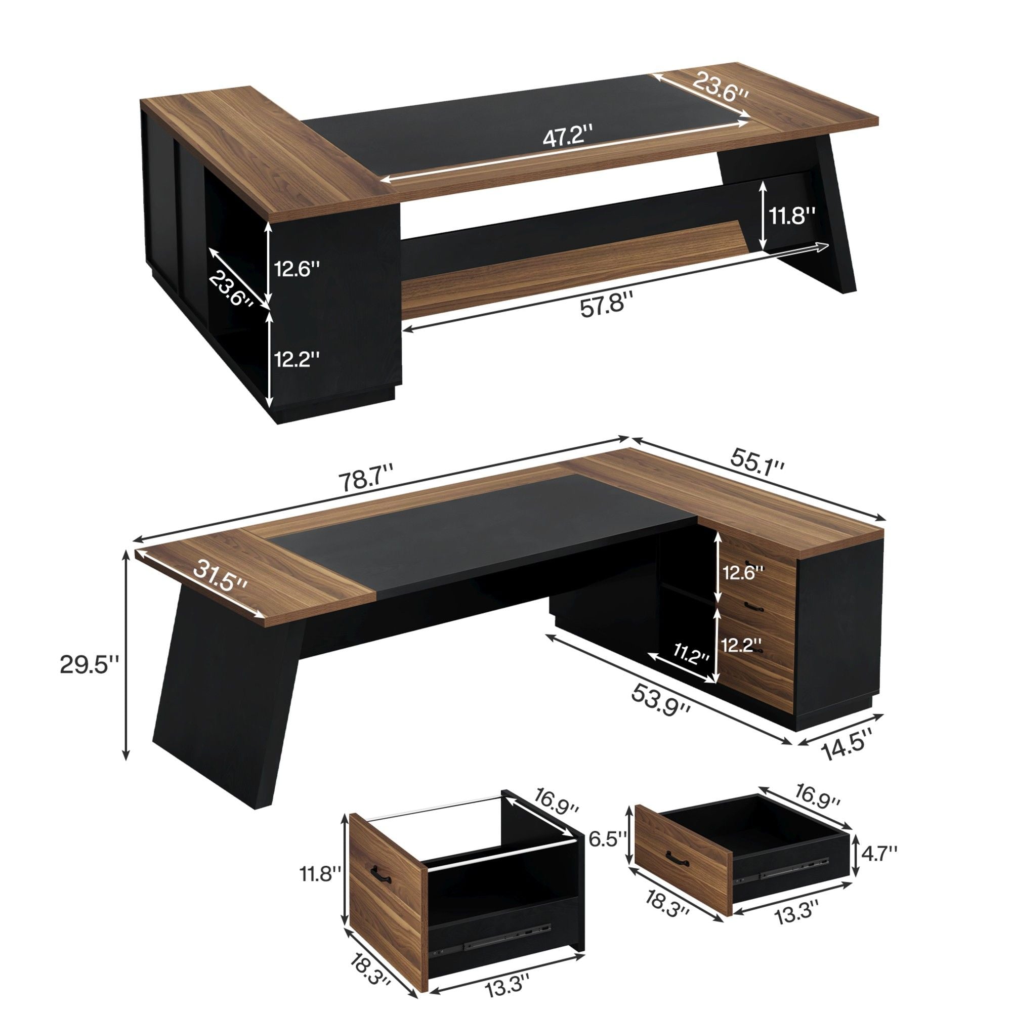 L-Shaped Executive Desk With File Cabinet & Drawers