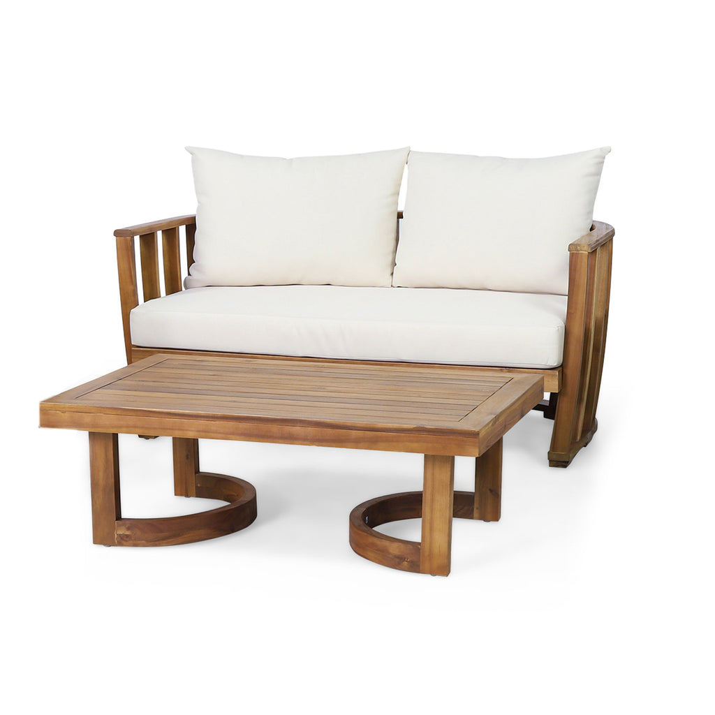 Outdoor Acacia Wood Loveseat and Coffee Table Set with Cushions