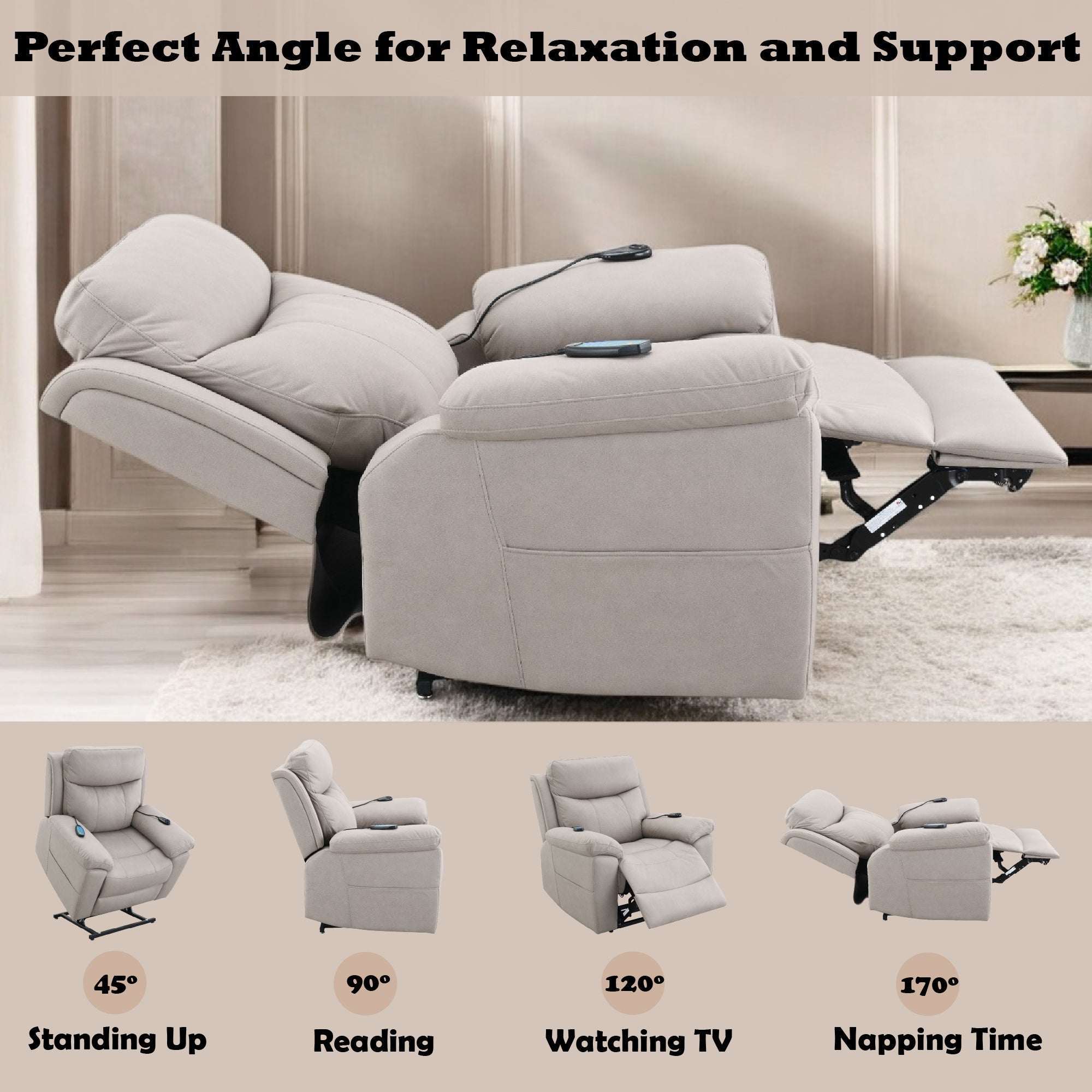 Chriki Beige Chenille & Black Finish Power Recliner with Lift, Heating, and Massage