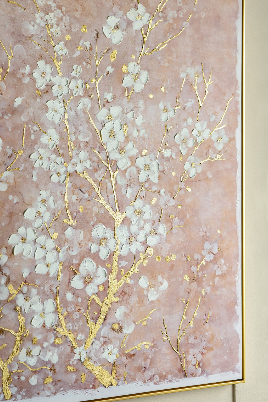 59.1x47.2 Hand-Painted Cherry Blossom Canvas Art with Blush Pink and White Finish