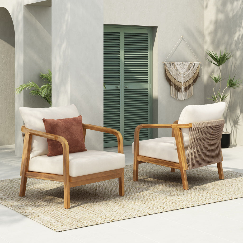 Outdoor Lounge Chair With Woven Backrest and Solid Wood Frame
