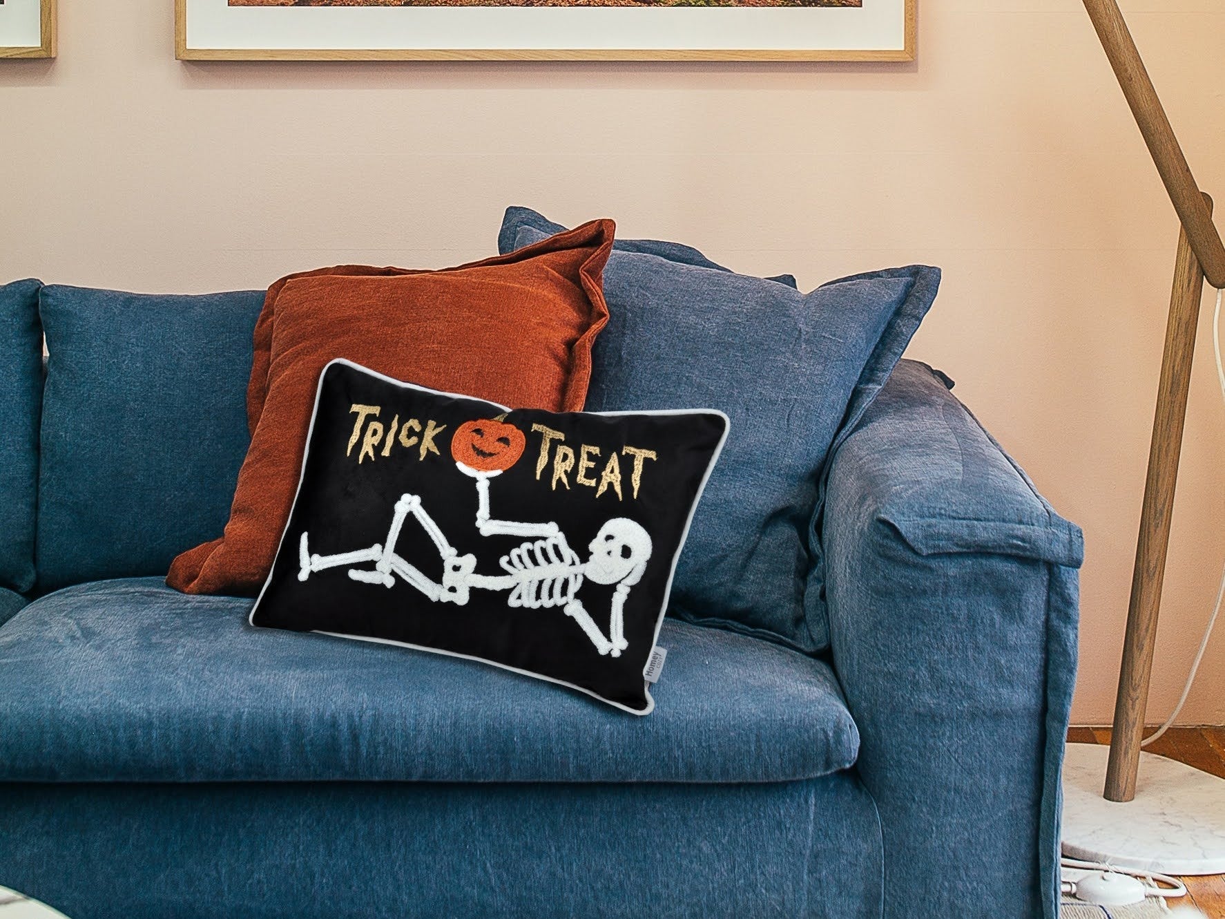 Embroidered Velvet Halloween Skeleton Lumbar Pillow